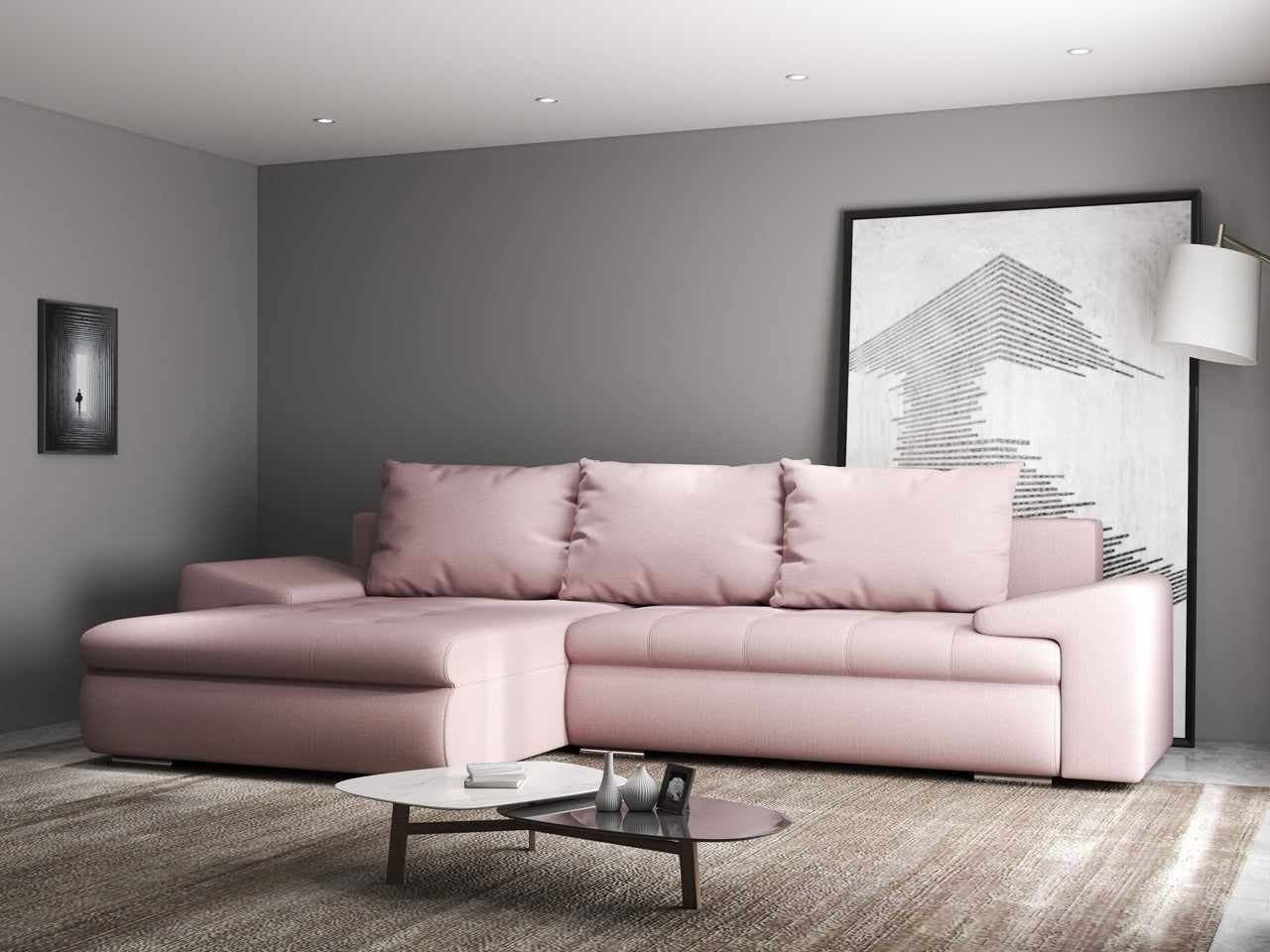 Colțar extensibil dumonde cu ladă de depozitare si sezut confortabil din spuma HR, Leonardo Enjoy Roz 260x185 cm Fabrica