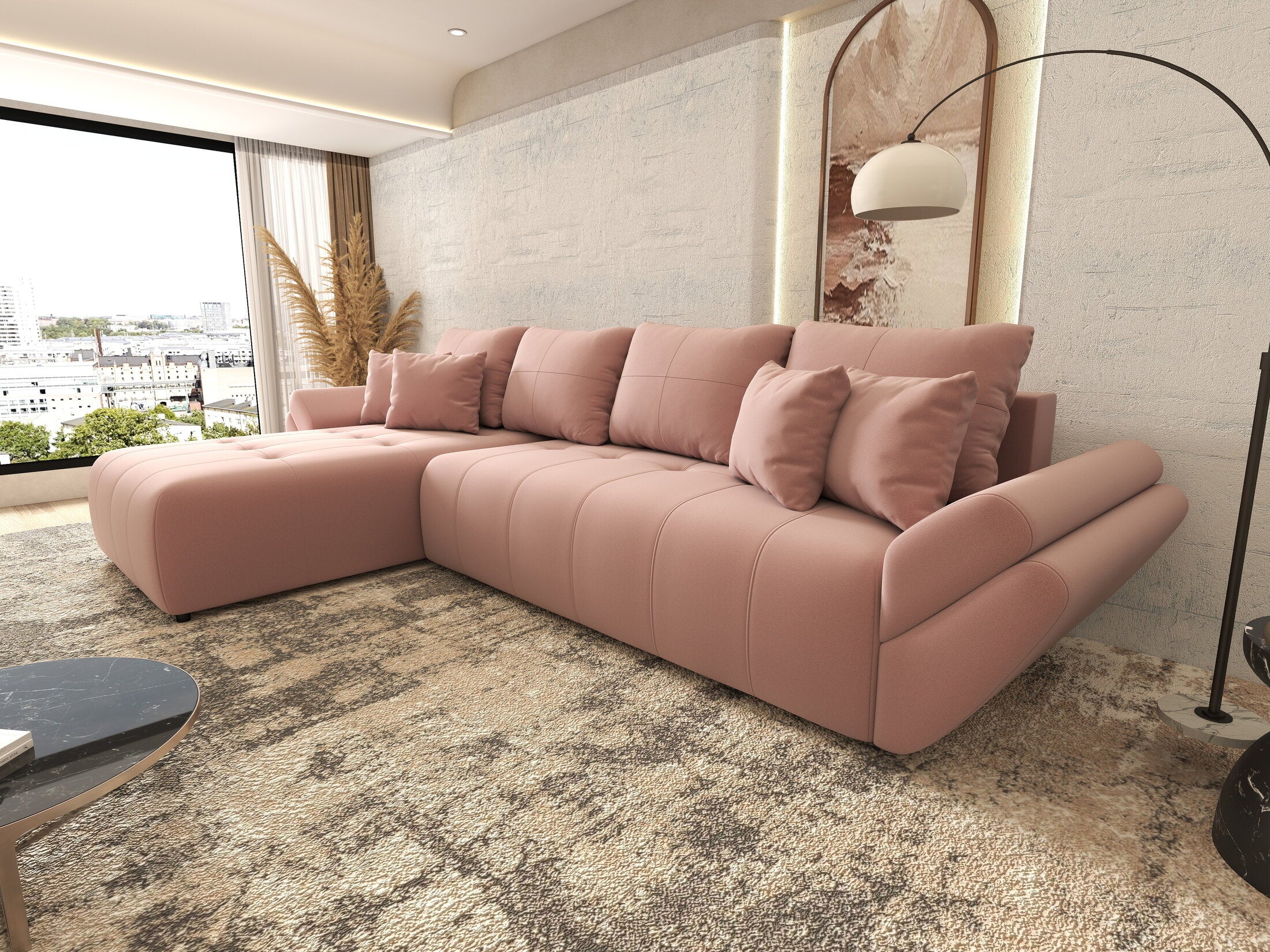 Colțar extensibil dumonde cu ladă de depozitare si sezut confortabil din spuma HR, Berlin XL Royal Roz 350x185 cm