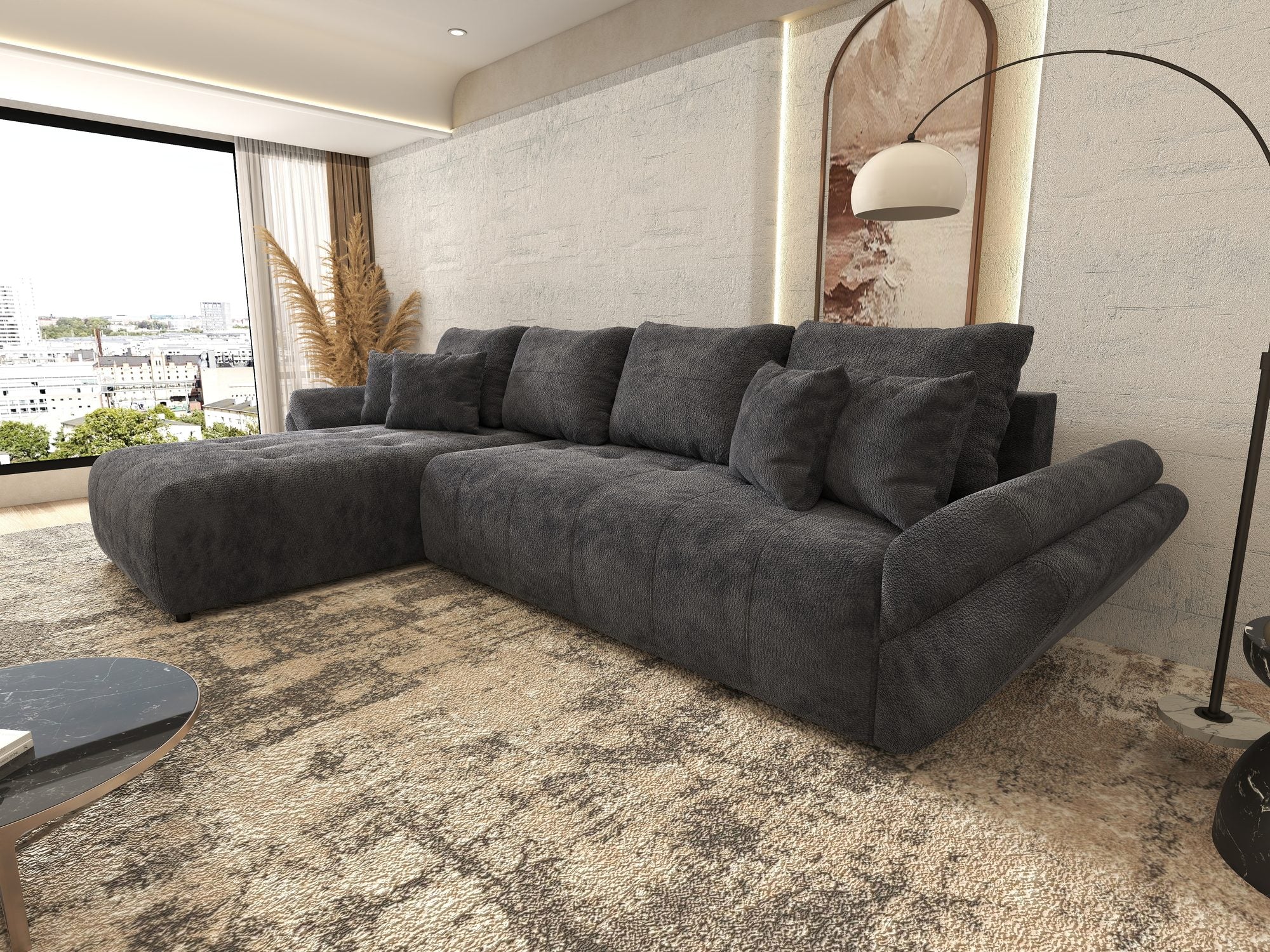 Colțar extensibil dumonde cu ladă de depozitare si sezut confortabil din spuma high-density, Berlin XL Vibe Gri Antracit 97 350x185 cm