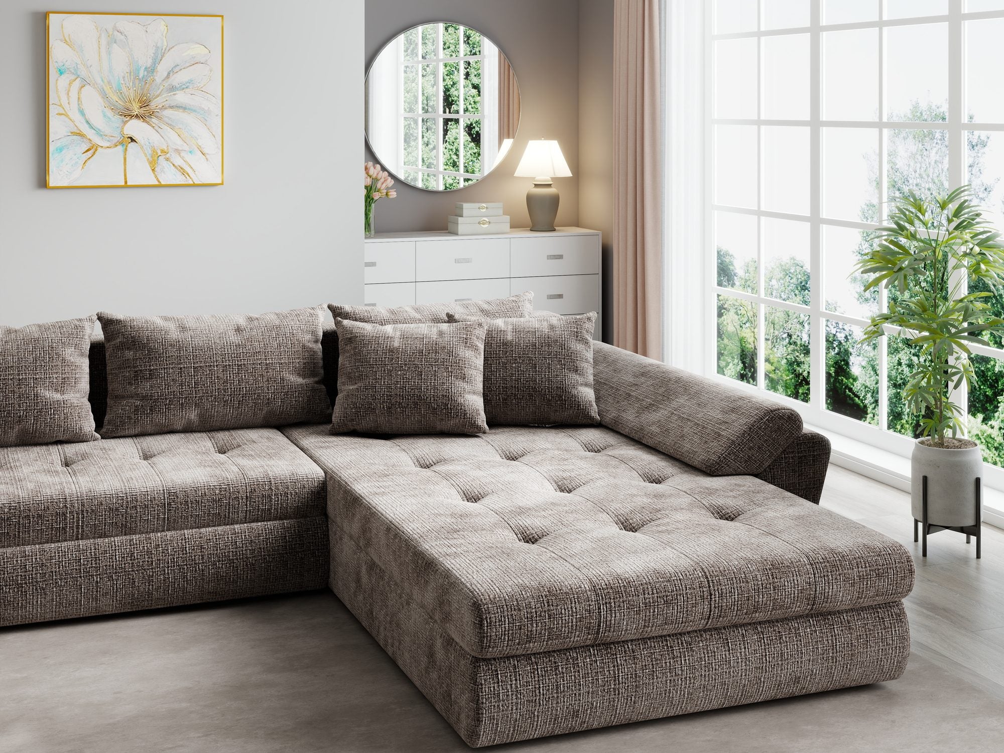 Colțar extensibil dumonde cu ladă de depozitare si sezut confortabil din spuma high-density, Loana U Cremona Maro-bej 24 355x185 cm