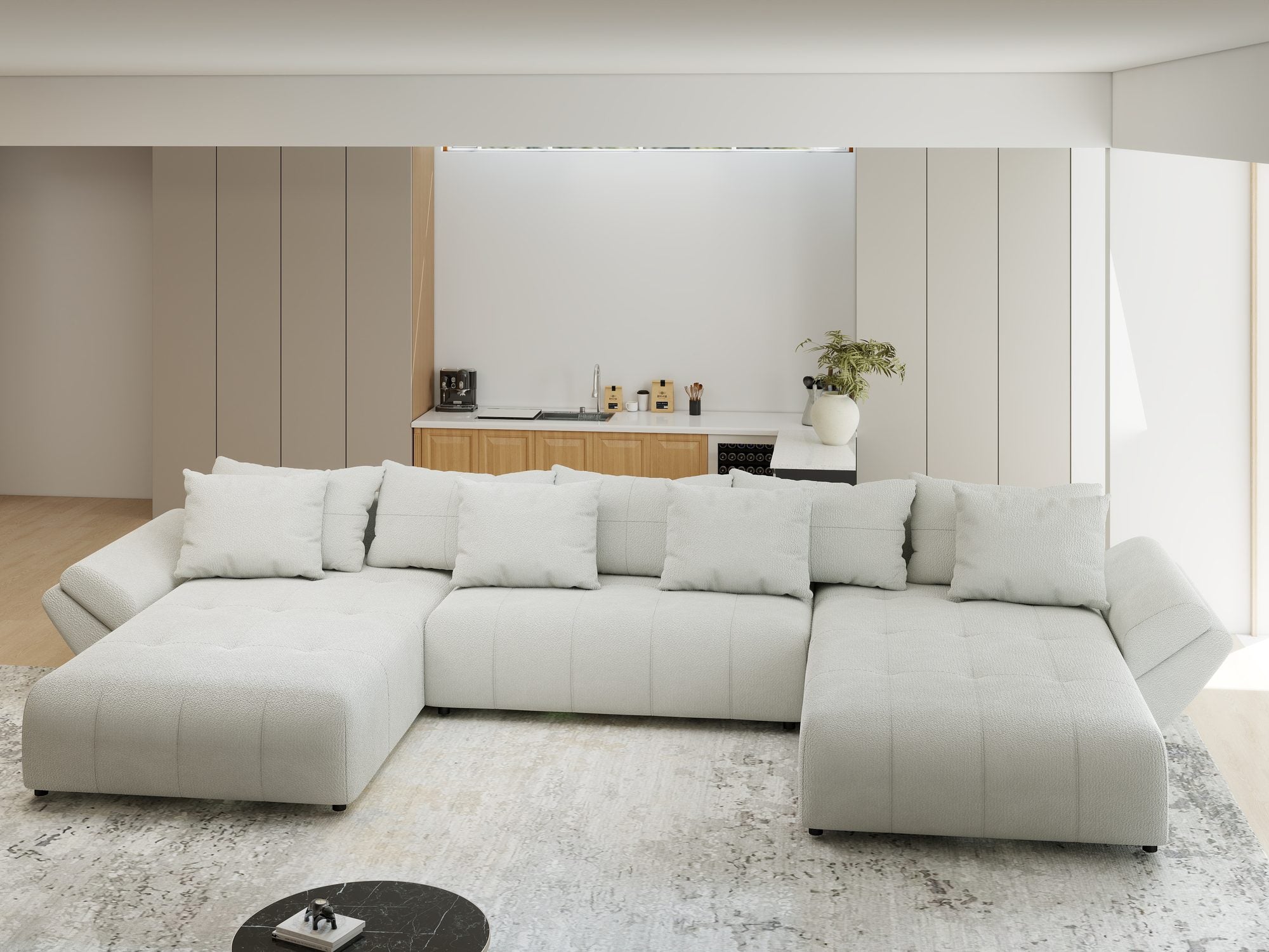 Colțar extensibil dumonde cu ladă de depozitare si sezut confortabil din spuma high-density, Berlin U Vibe Bej 03 380x180 cm