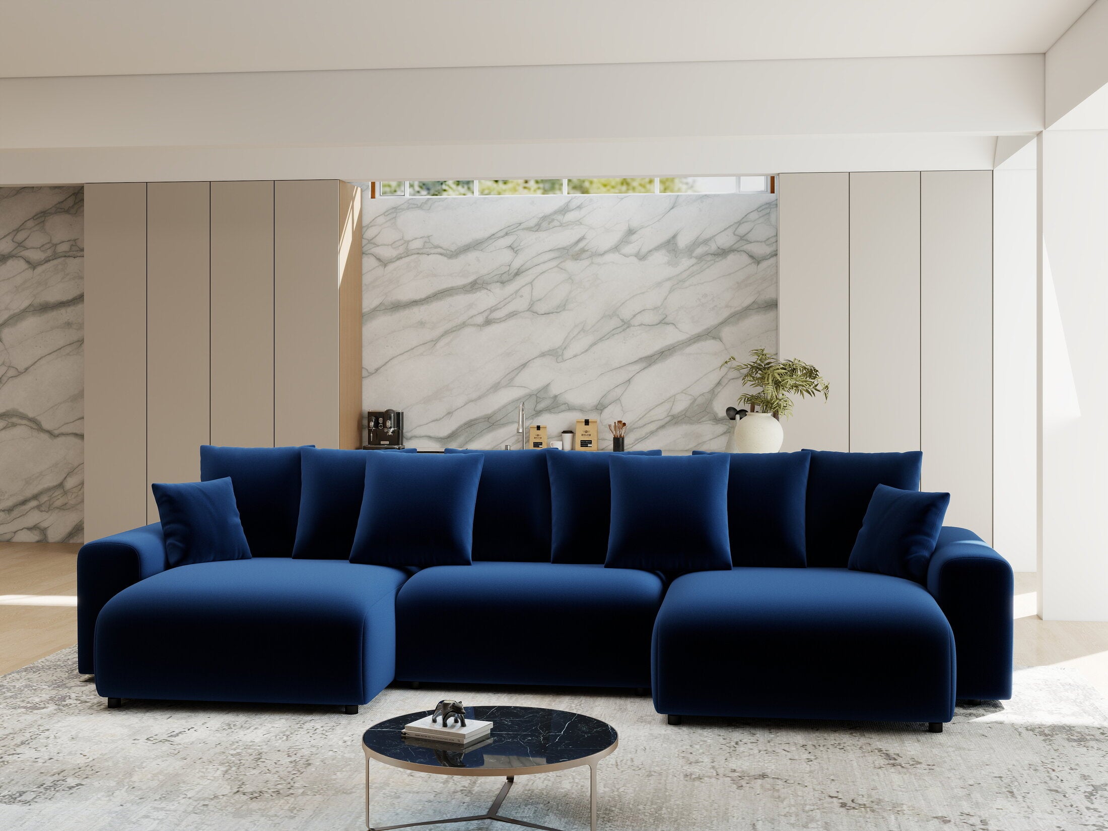 Colțar extensibil dumonde cu ladă de depozitare si sezut confortabil din spuma HR, Luma U Royal Albastru Navy 336x140 cm