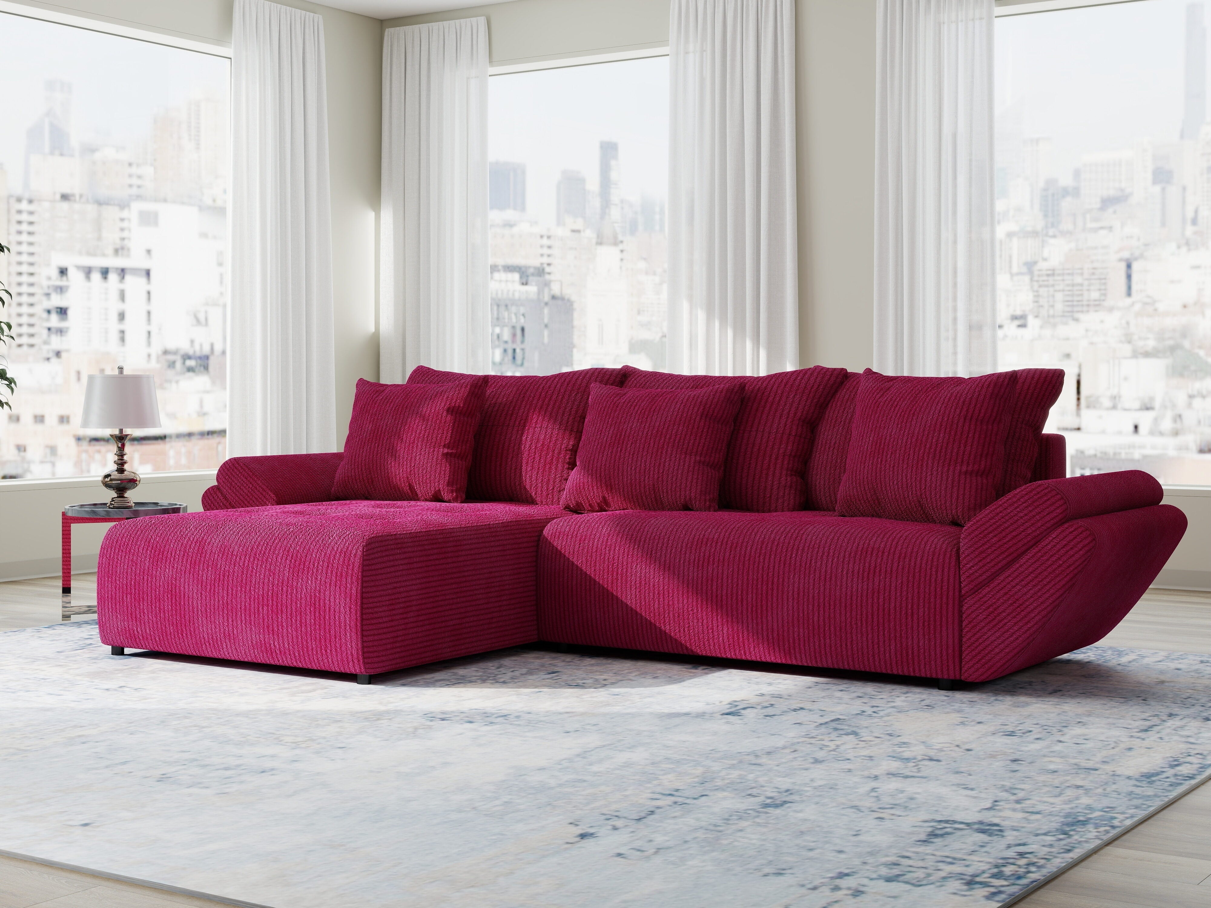 Colțar extensibil dumonde cu ladă de depozitare si sezut confortabil din spuma HR, Berlin Zoom Rosu 280x185 cm