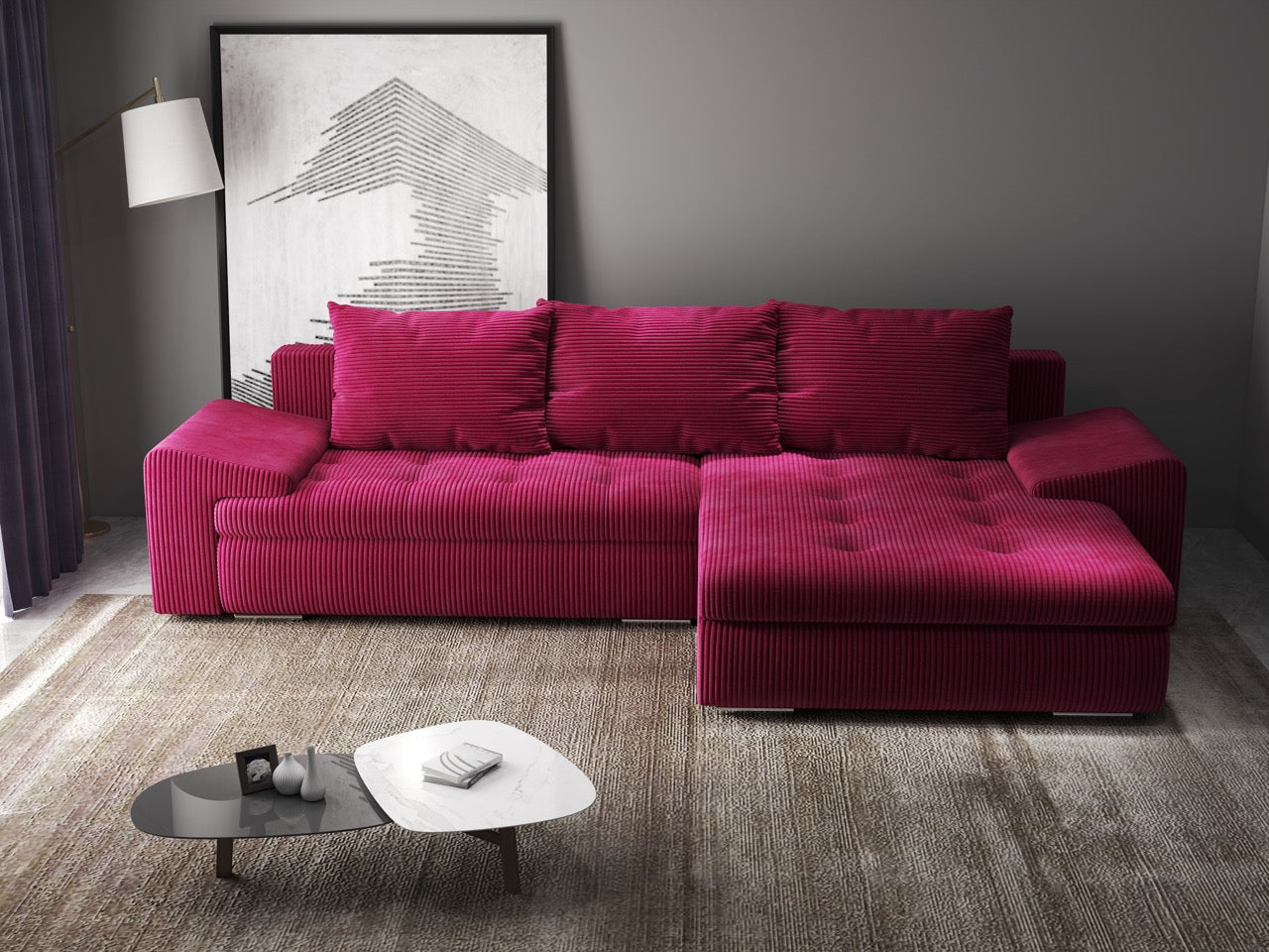 Colțar extensibil dumonde cu ladă de depozitare si sezut confortabil din spuma HR, Leonardo Zoom Rosu 260x185 cm II Fabrica