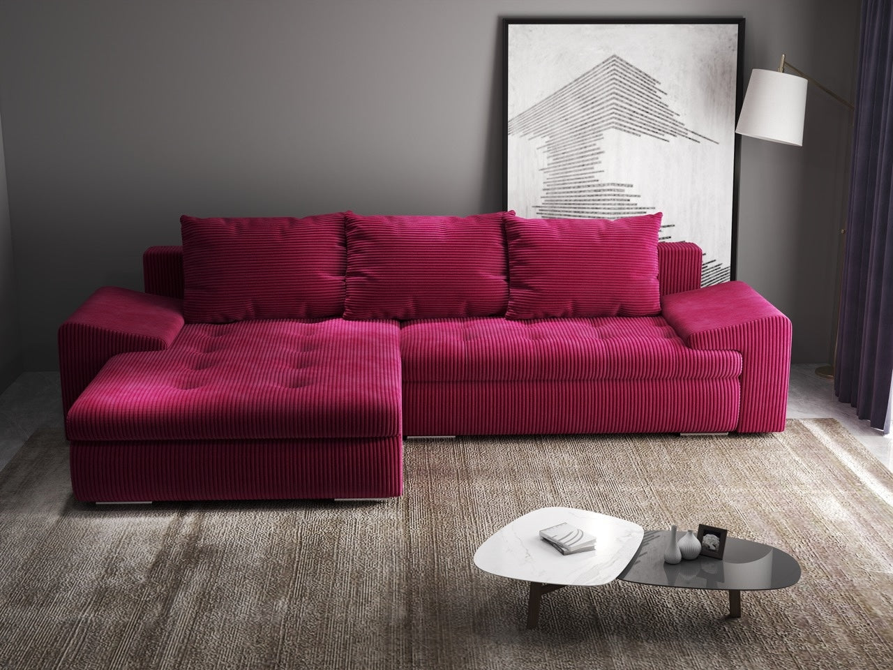 Colțar extensibil dumonde cu ladă de depozitare si sezut confortabil din spuma HR, Leonardo Zoom Rosu 260x185 cm Fabrica