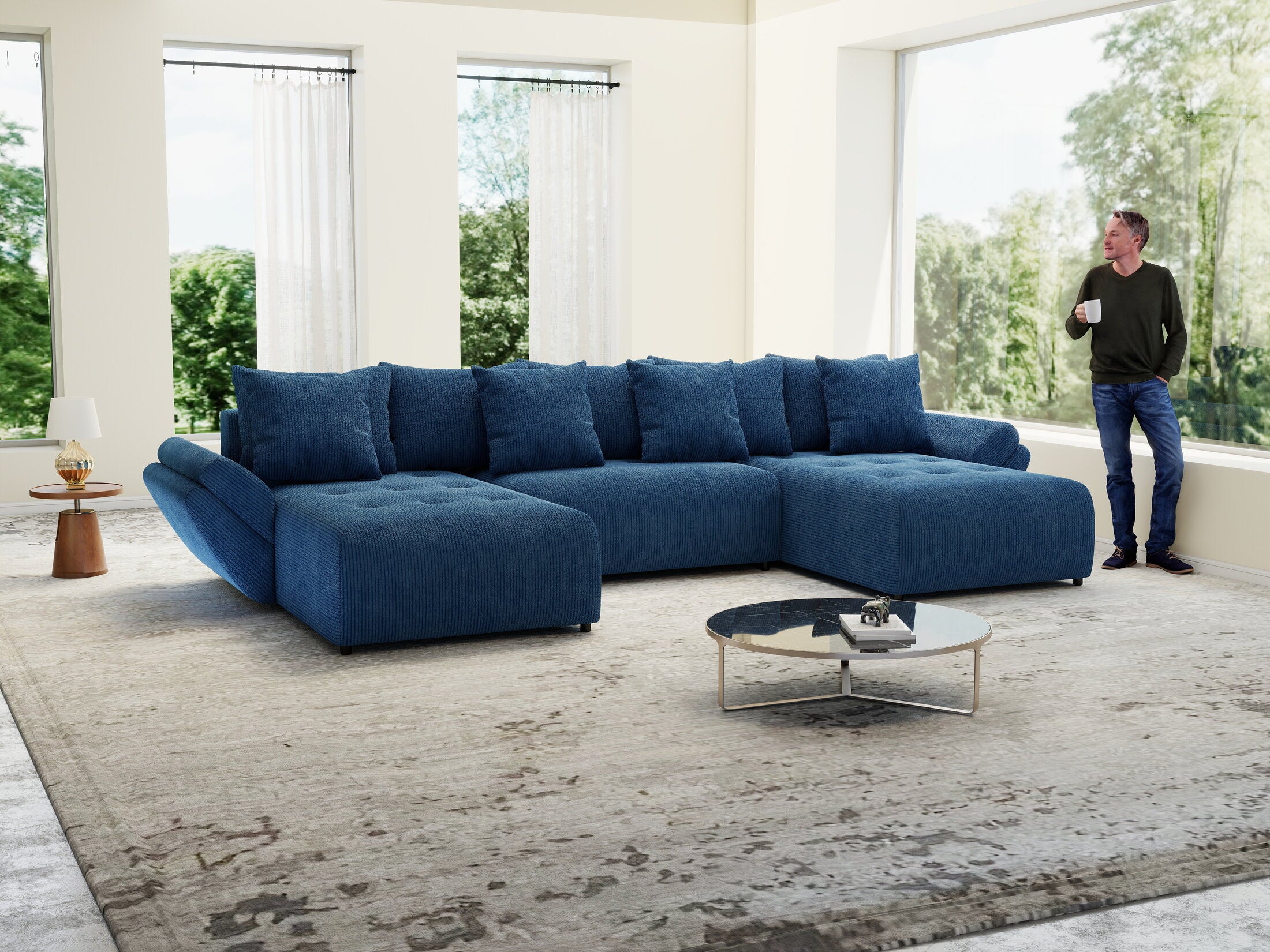 Colțar extensibil dumonde cu ladă de depozitare Berlin U Zoom Blue 400x185 cm