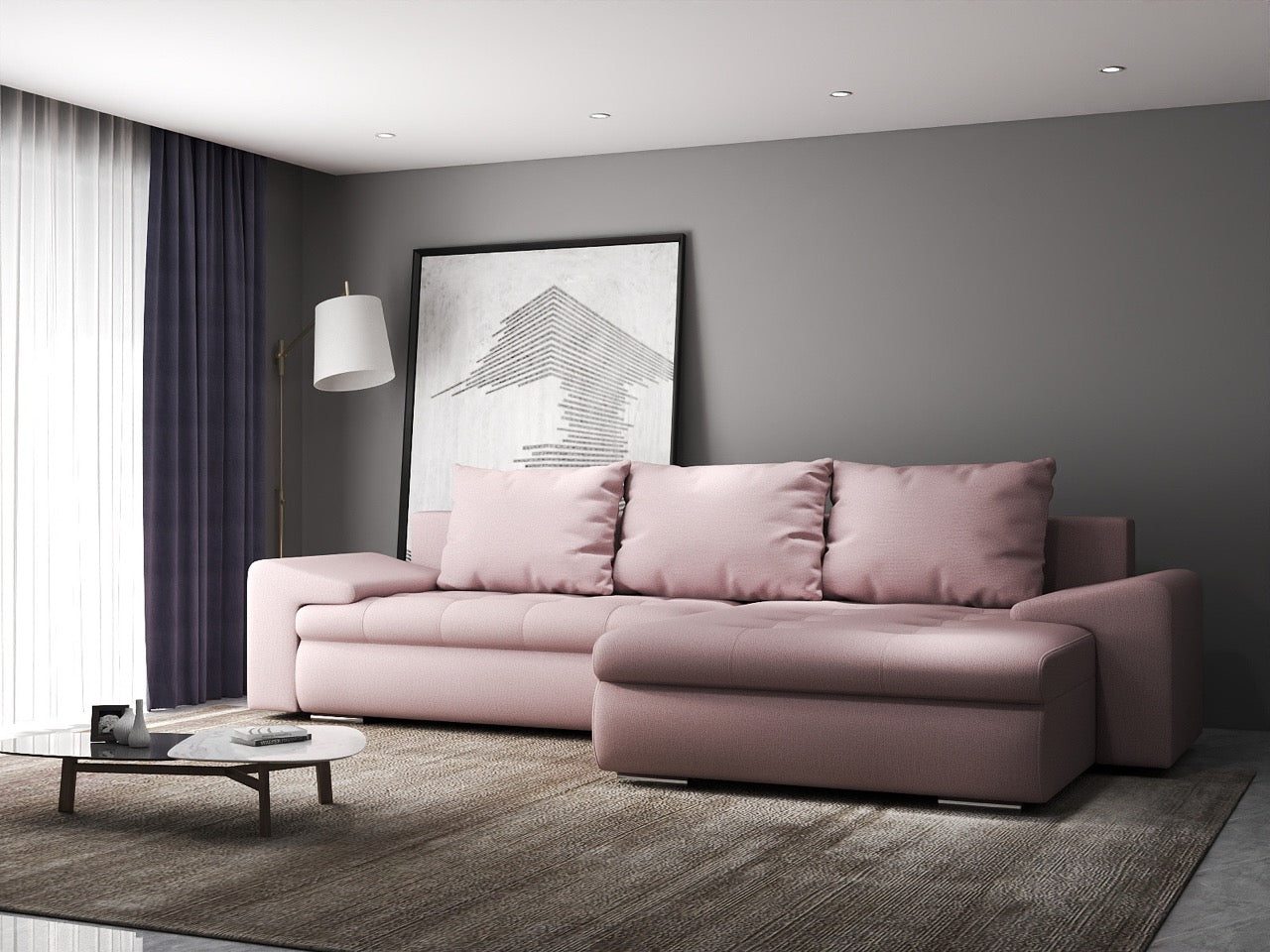 Colțar extensibil dumonde cu ladă de depozitare si sezut confortabil din spuma HR, Leonardo Enjoy Roz 260x185 cm II Fabrica