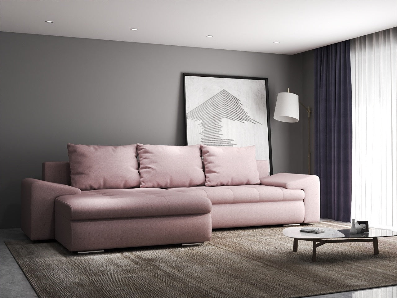 Colțar extensibil dumonde cu ladă de depozitare si sezut confortabil din spuma HR, Leonardo Enjoy Roz 260x185 cm Fabrica