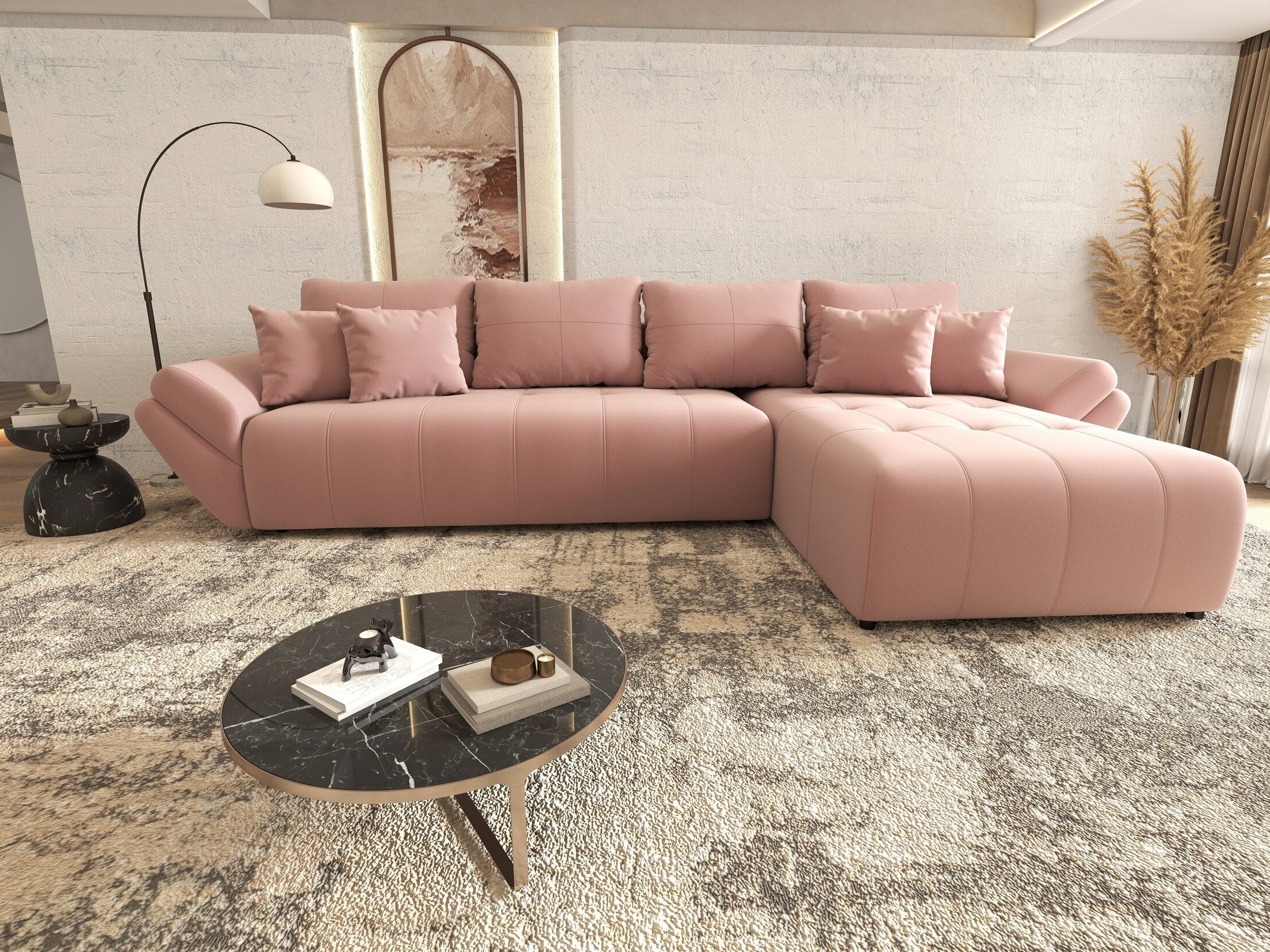 Colțar extensibil dumonde cu ladă de depozitare si sezut confortabil din spuma HR, Berlin XL Royal Roz 350x185 cm II