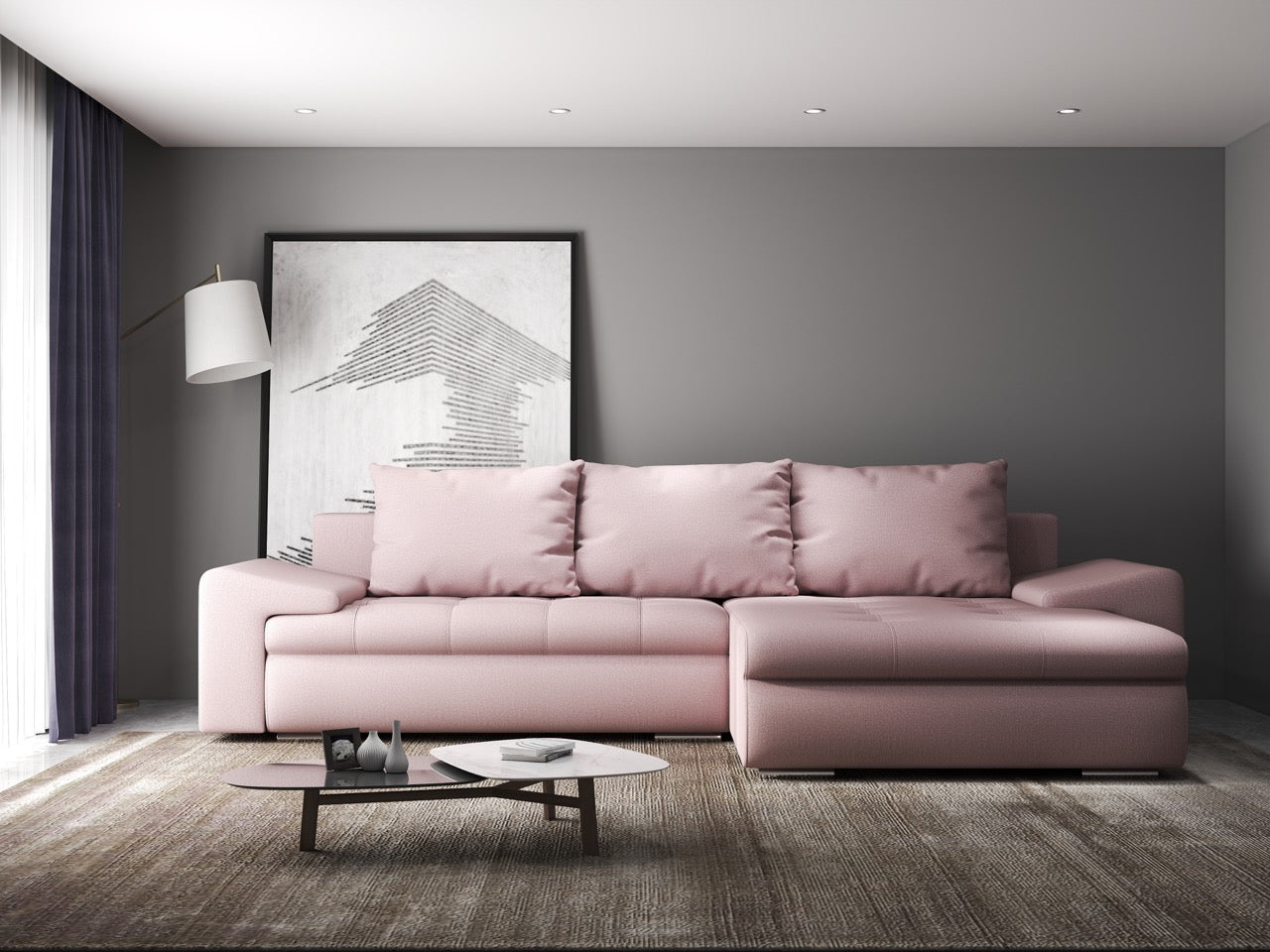 Colțar extensibil dumonde cu ladă de depozitare si sezut confortabil din spuma HR, Leonardo Enjoy Roz 260x185 cm II Fabrica