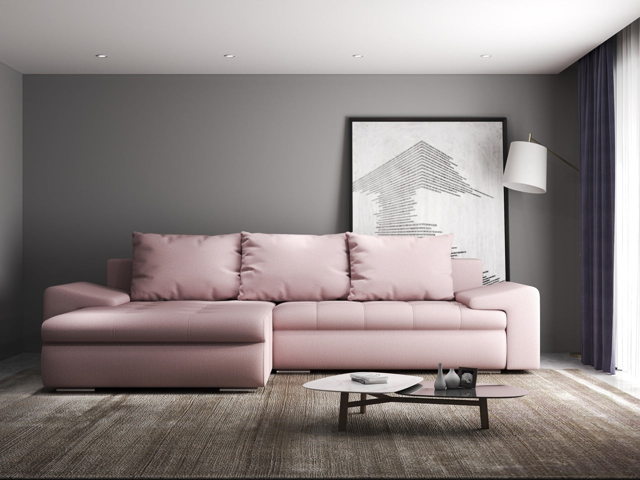 Colțar extensibil dumonde cu ladă de depozitare si sezut confortabil din spuma HR, Leonardo Enjoy Roz 260x185 cm Fabrica