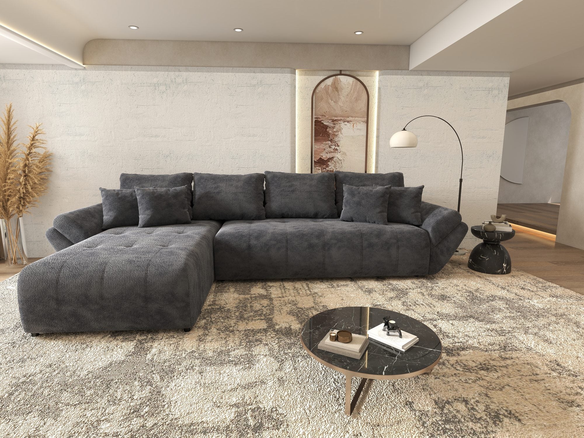 Colțar extensibil dumonde cu ladă de depozitare si sezut confortabil din spuma high-density, Berlin XL Vibe Gri Antracit 97 350x185 cm