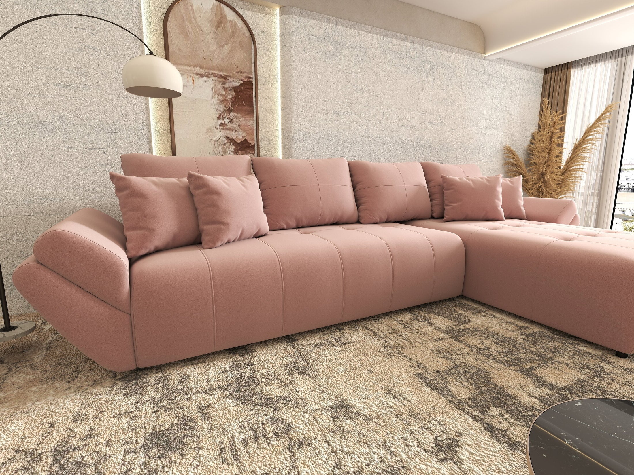 Colțar extensibil dumonde cu ladă de depozitare si sezut confortabil din spuma HR, Berlin XL Royal Roz 350x185 cm II