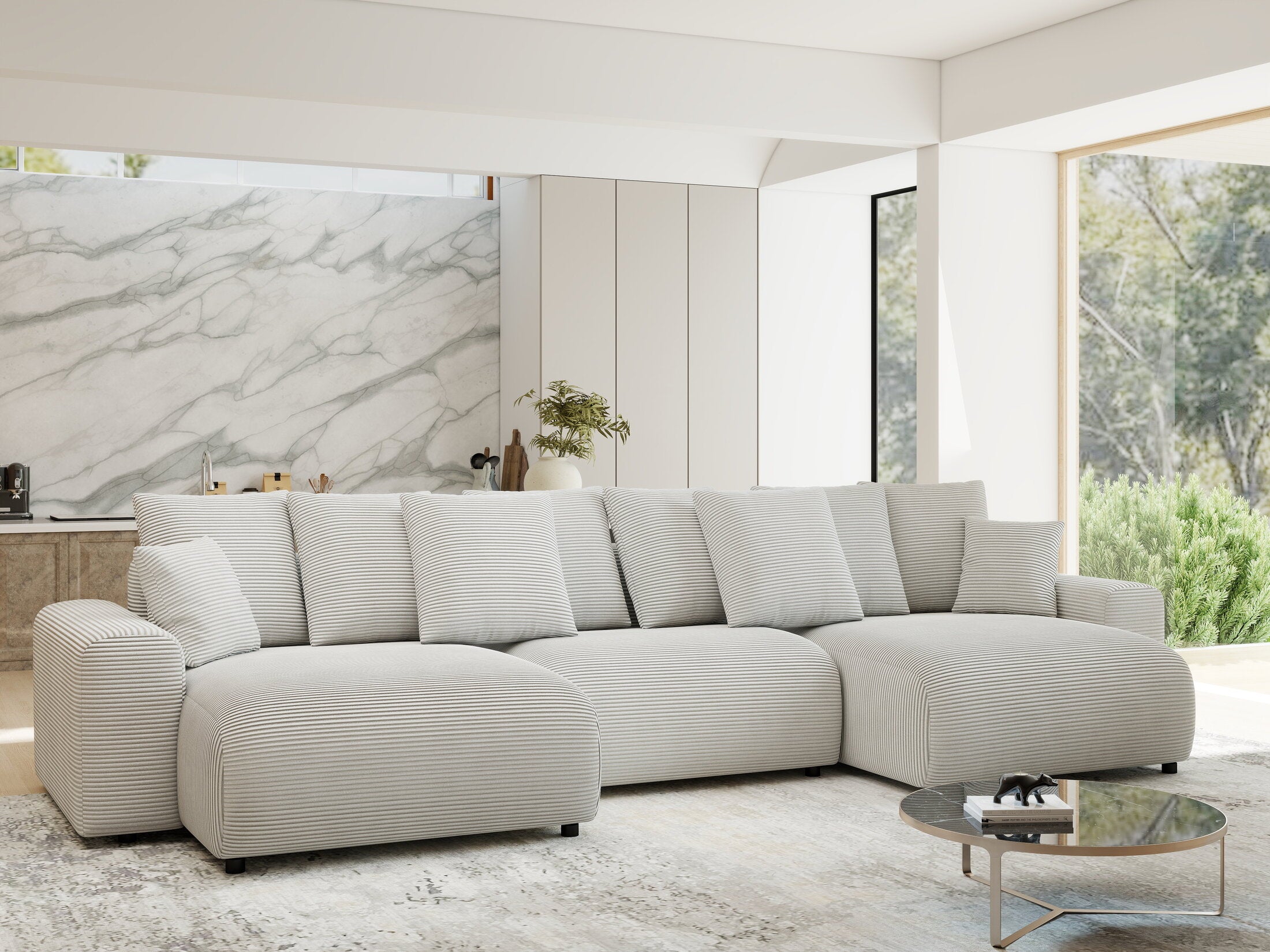 Colțar extensibil dumonde cu ladă de depozitare si sezut confortabil din spuma HR, Luma U Zoom Gri 336x140 cm