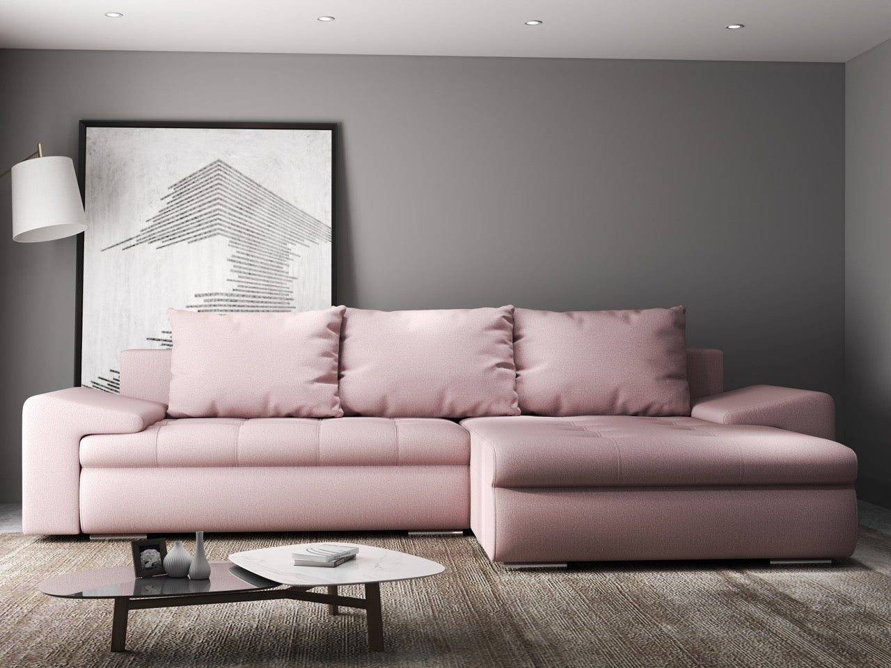 Colțar extensibil dumonde cu ladă de depozitare si sezut confortabil din spuma HR, Leonardo Enjoy Roz 260x185 cm II Fabrica