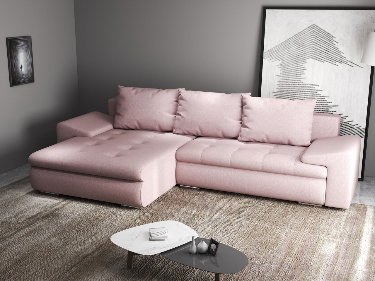 Colțar extensibil dumonde cu ladă de depozitare si sezut confortabil din spuma HR, Leonardo Enjoy Roz 260x185 cm Fabrica