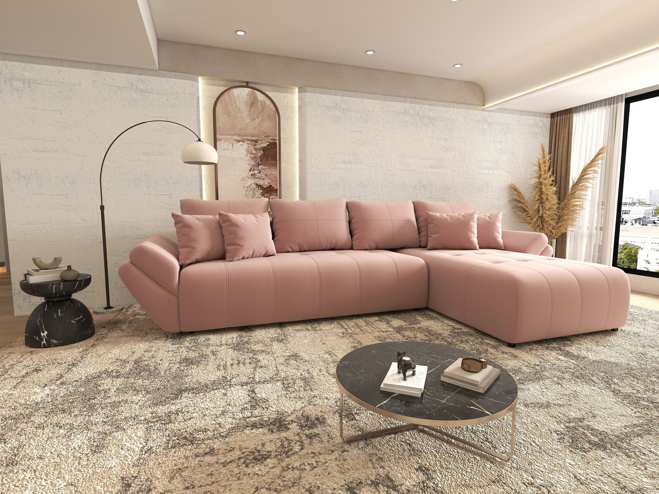 Colțar extensibil dumonde cu ladă de depozitare si sezut confortabil din spuma HR, Berlin XL Royal Roz 350x185 cm II