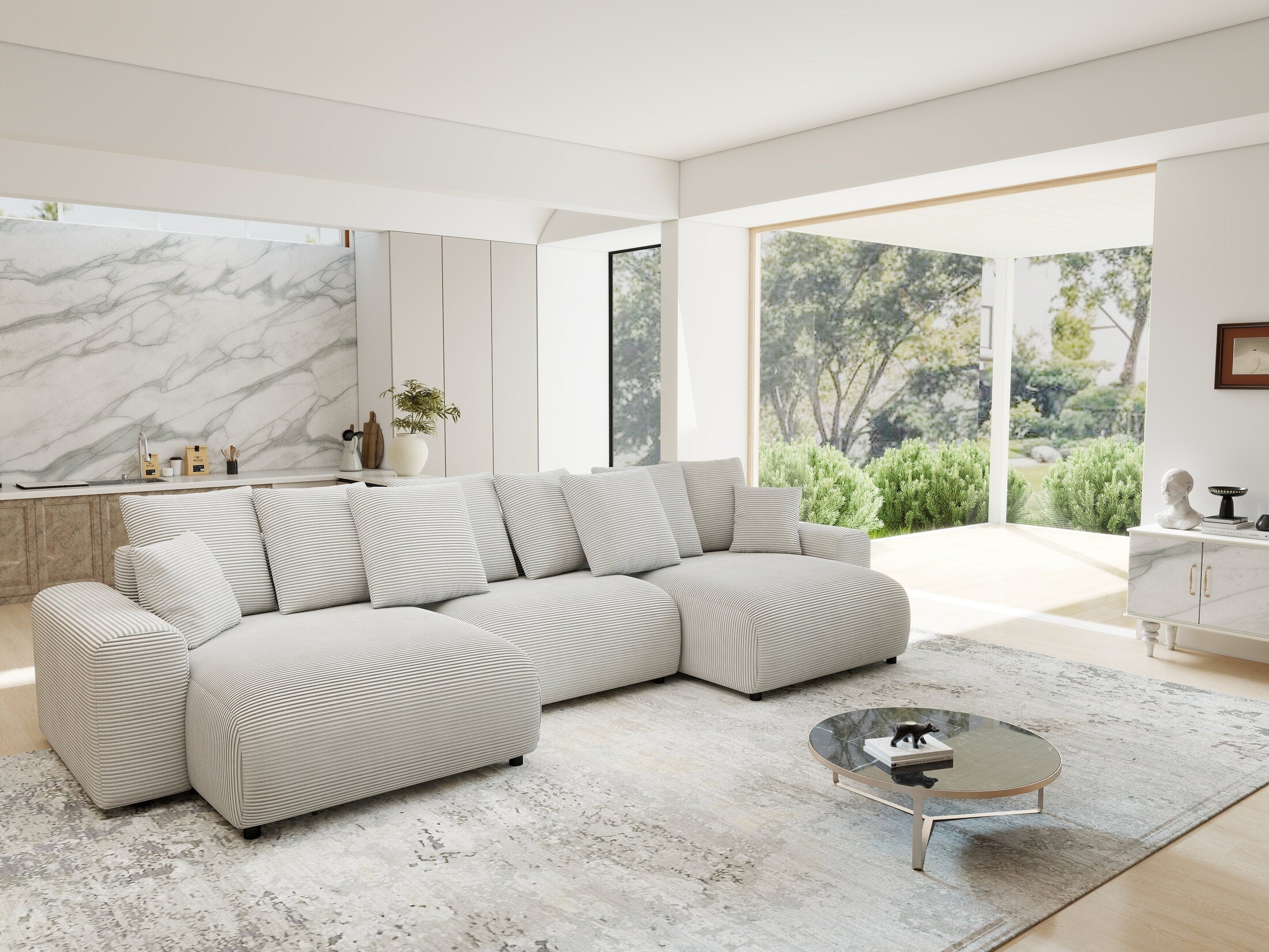 Colțar extensibil dumonde cu ladă de depozitare si sezut confortabil din spuma HR, Luma U Zoom Gri 336x140 cm