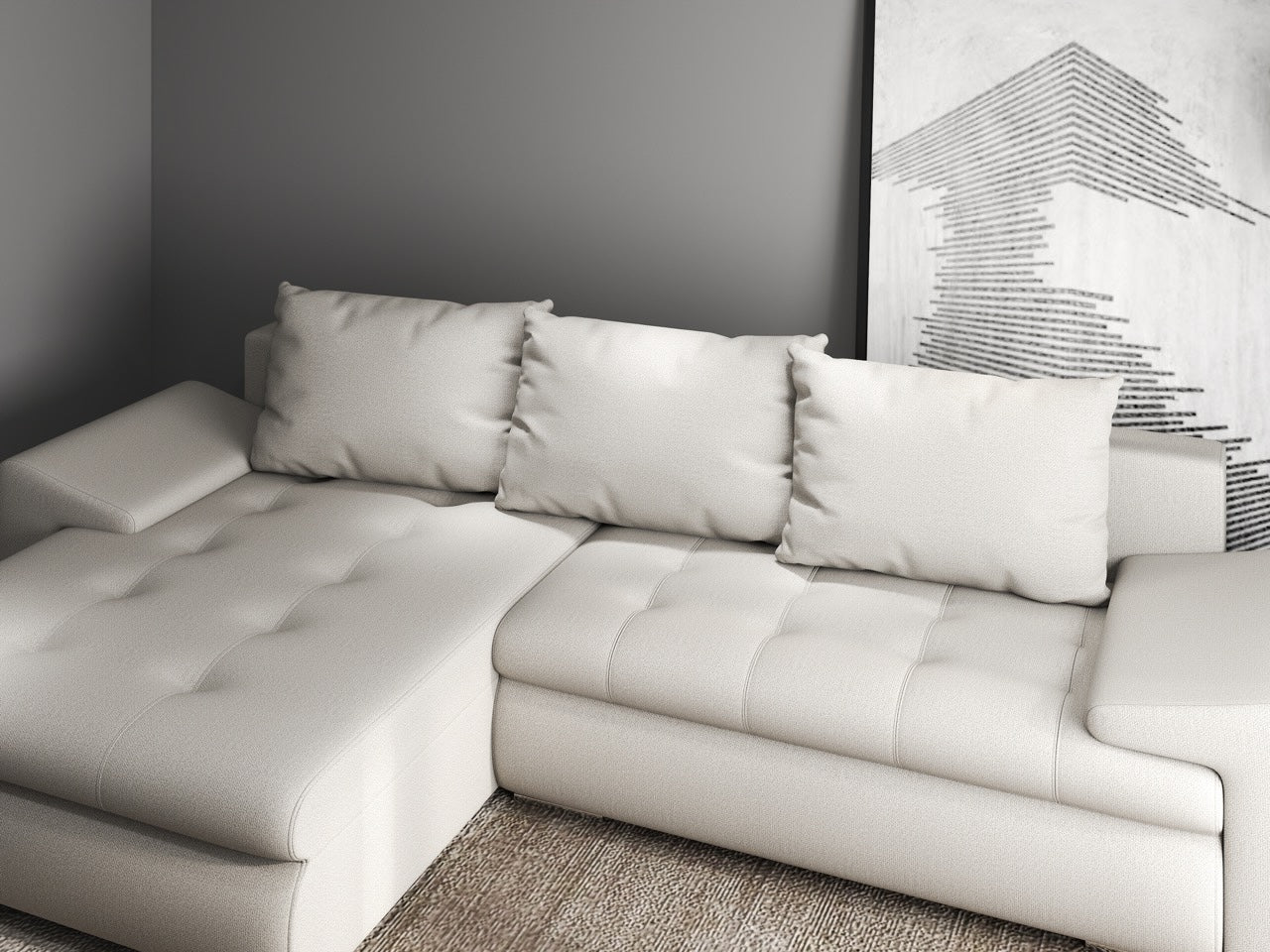 Colțar extensibil dumonde cu ladă de depozitare si sezut confortabil din spuma HR, Leonardo Enjoy Bej 260x185 cm Fabrica