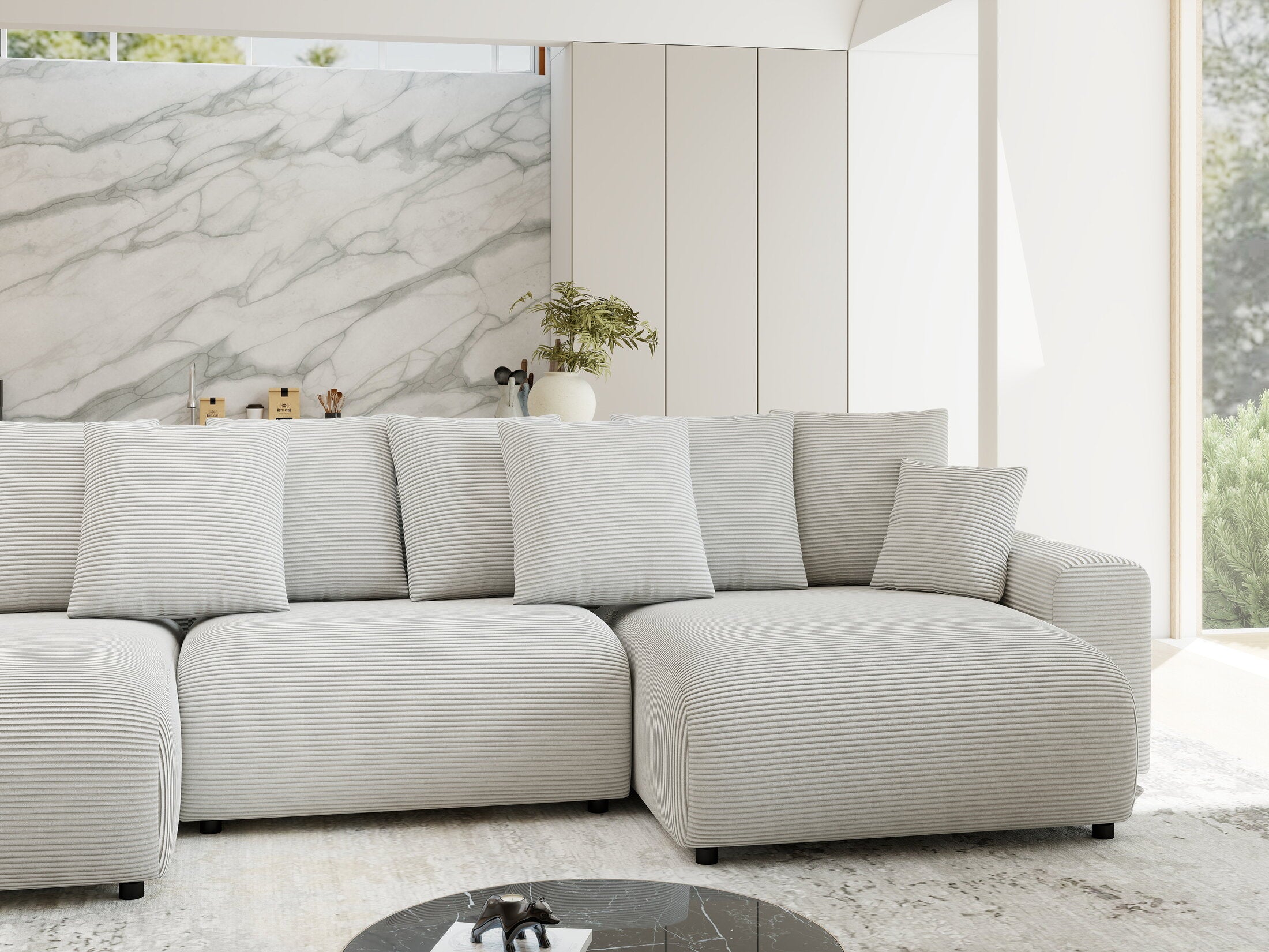 Colțar extensibil dumonde cu ladă de depozitare si sezut confortabil din spuma HR, Luma U Zoom Gri 336x140 cm