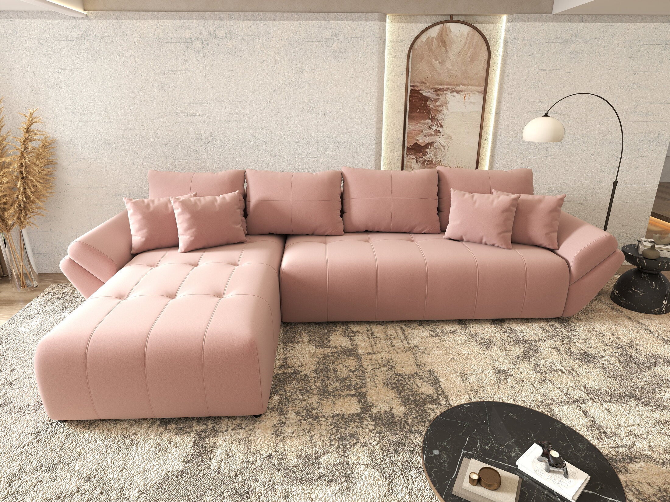 Colțar extensibil dumonde cu ladă de depozitare si sezut confortabil din spuma HR, Berlin XL Royal Roz 350x185 cm