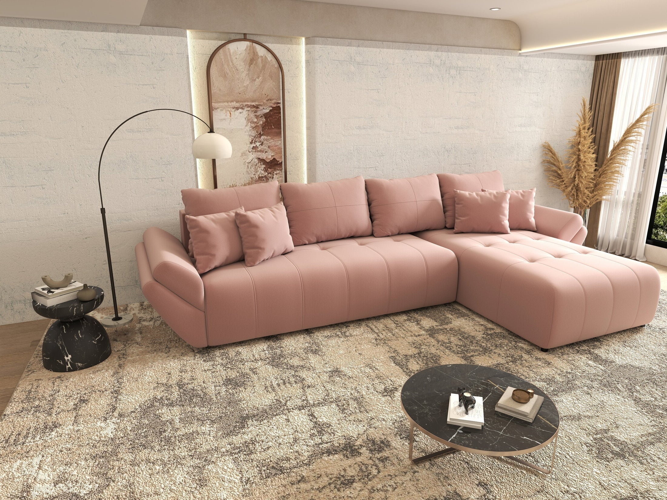 Colțar extensibil dumonde cu ladă de depozitare si sezut confortabil din spuma HR, Berlin XL Royal Roz 350x185 cm II