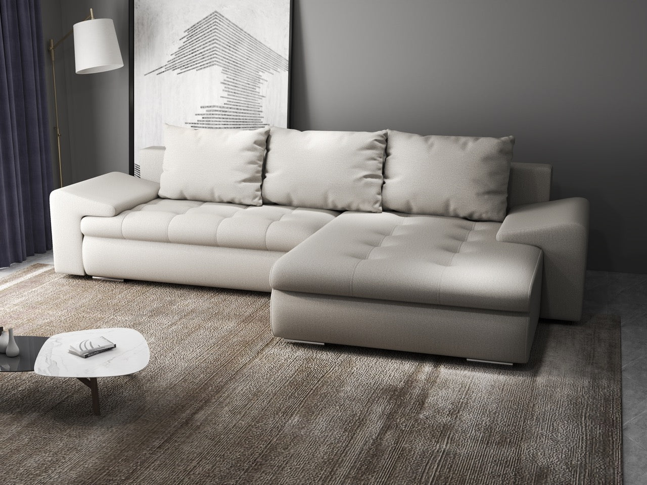 Colțar extensibil dumonde cu ladă de depozitare si sezut confortabil din spuma HR, Leonardo Enjoy Bej 260x185 cm II Fabrica