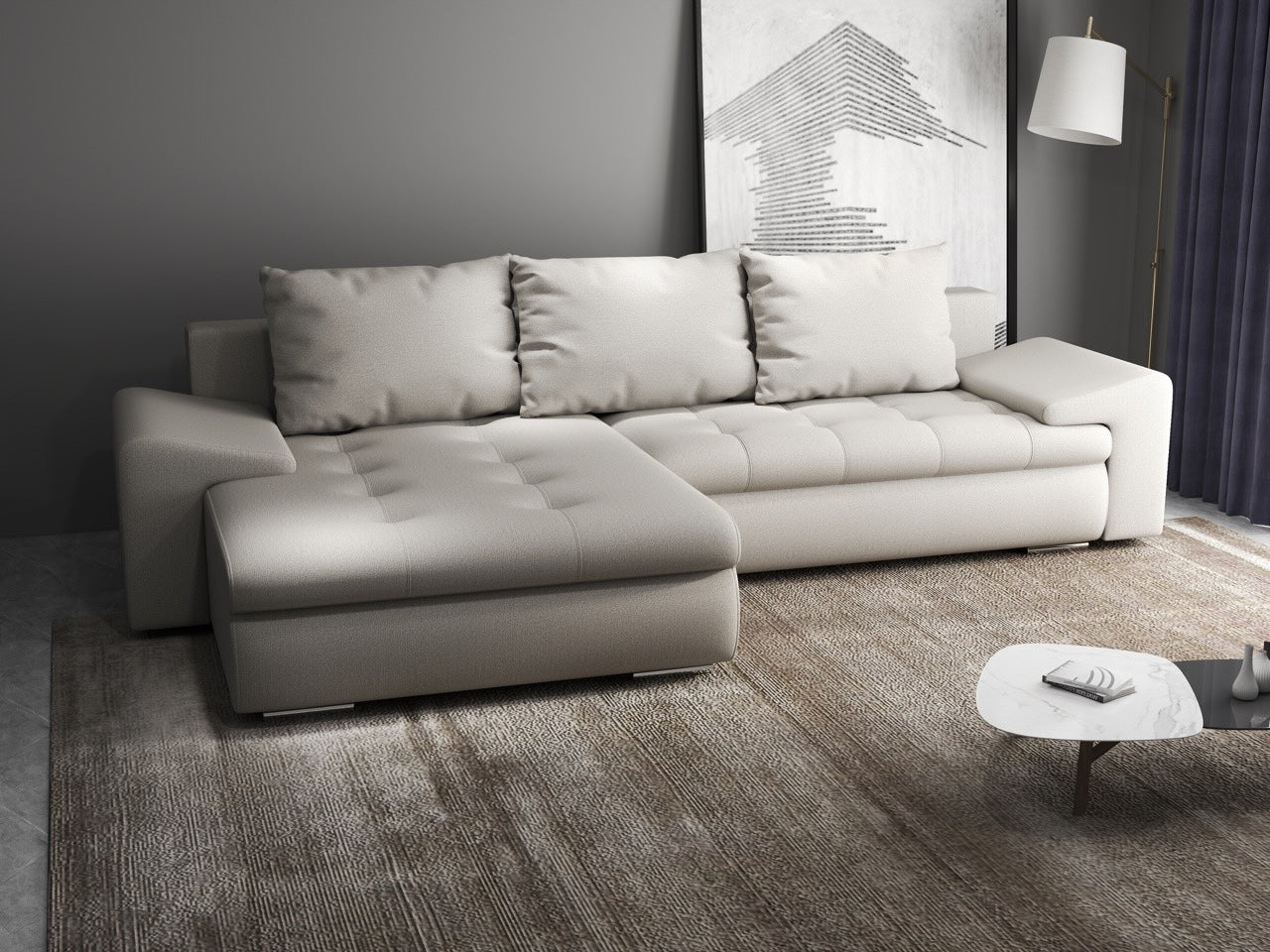 Colțar extensibil dumonde cu ladă de depozitare si sezut confortabil din spuma HR, Leonardo Enjoy Bej 260x185 cm Fabrica