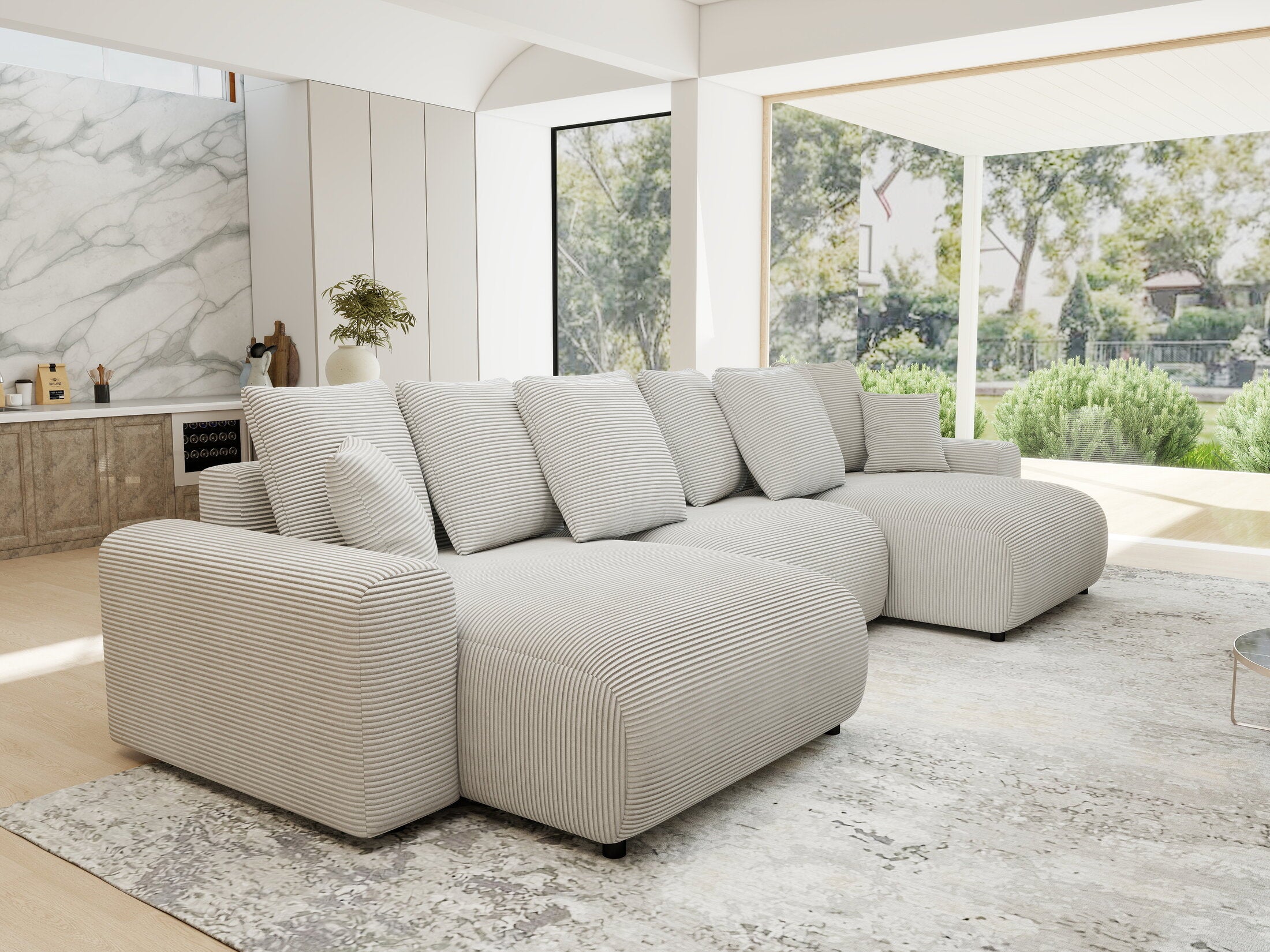 Colțar extensibil dumonde cu ladă de depozitare si sezut confortabil din spuma HR, Luma U Zoom Gri 336x140 cm