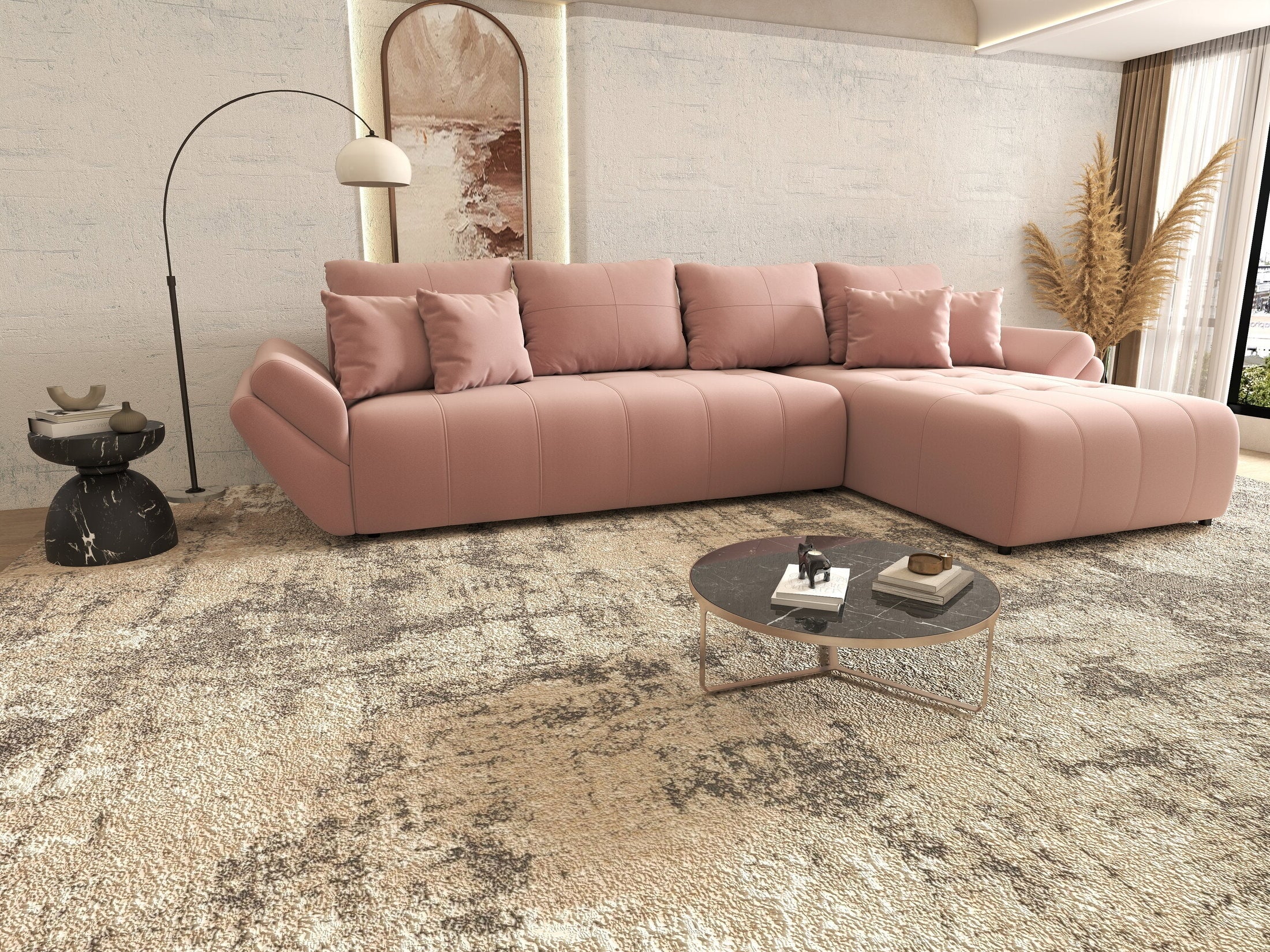 Colțar extensibil dumonde cu ladă de depozitare si sezut confortabil din spuma HR, Berlin XL Royal Roz 350x185 cm II