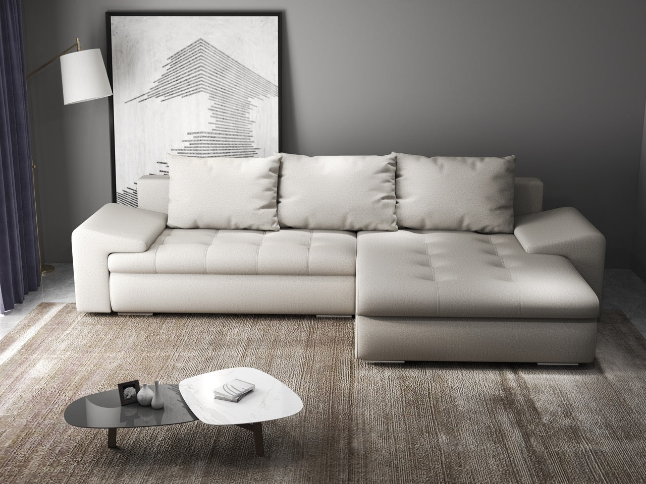 Colțar extensibil dumonde cu ladă de depozitare si sezut confortabil din spuma HR, Leonardo Enjoy Bej 260x185 cm II Fabrica