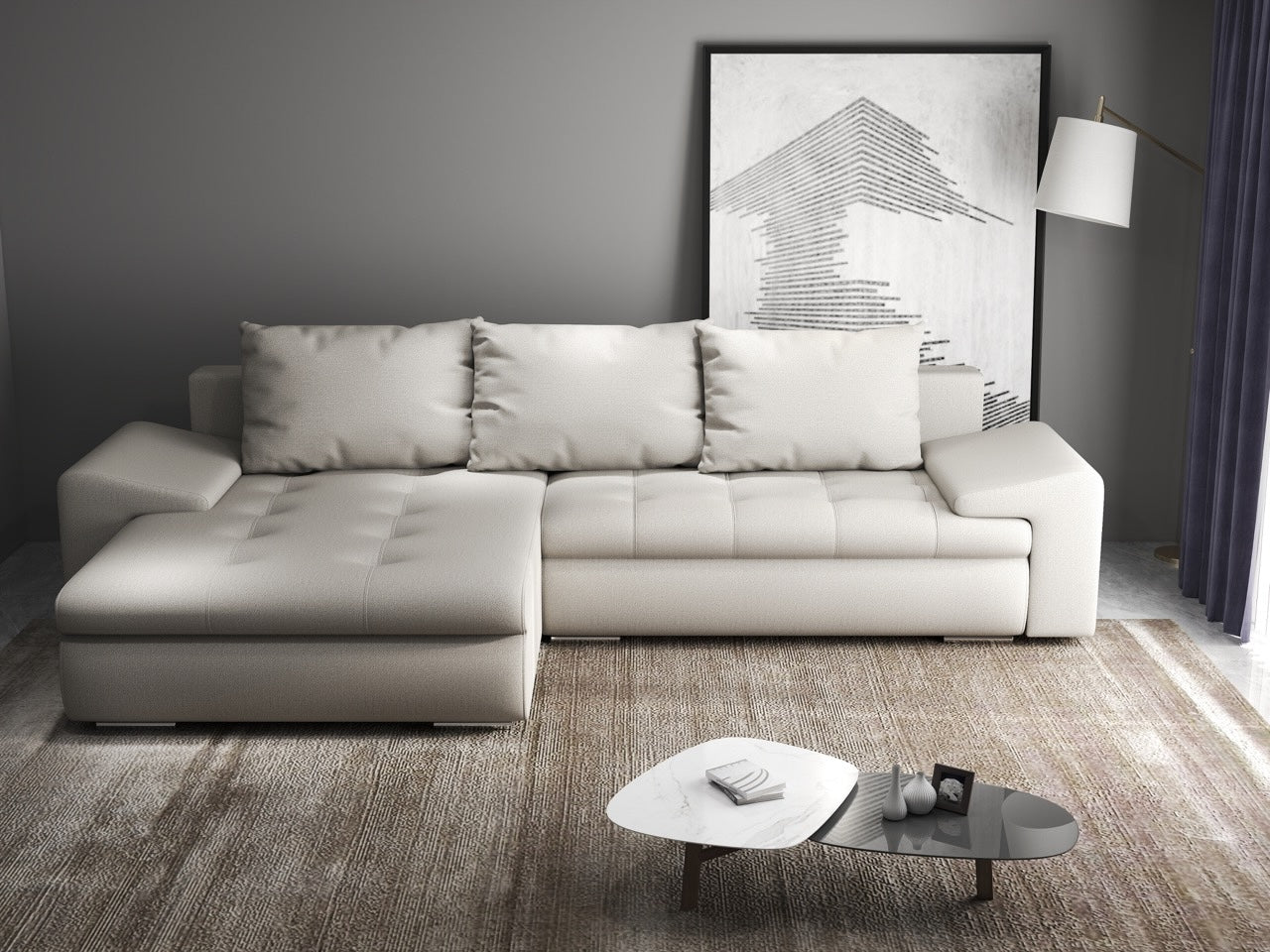 Colțar extensibil dumonde cu ladă de depozitare si sezut confortabil din spuma HR, Leonardo Enjoy Bej 260x185 cm Fabrica