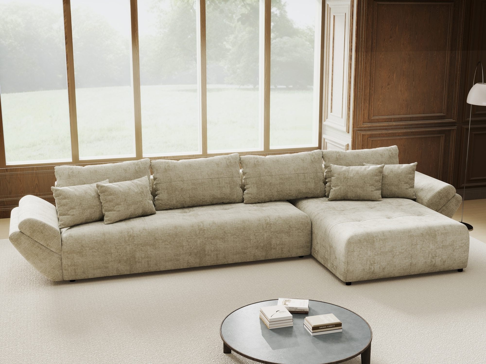 Colțar extensibil dumonde cu ladă de depozitare si sezut confortabil din spuma high-density, Berlin XL Cremona Bej 14 II 350x185 cm