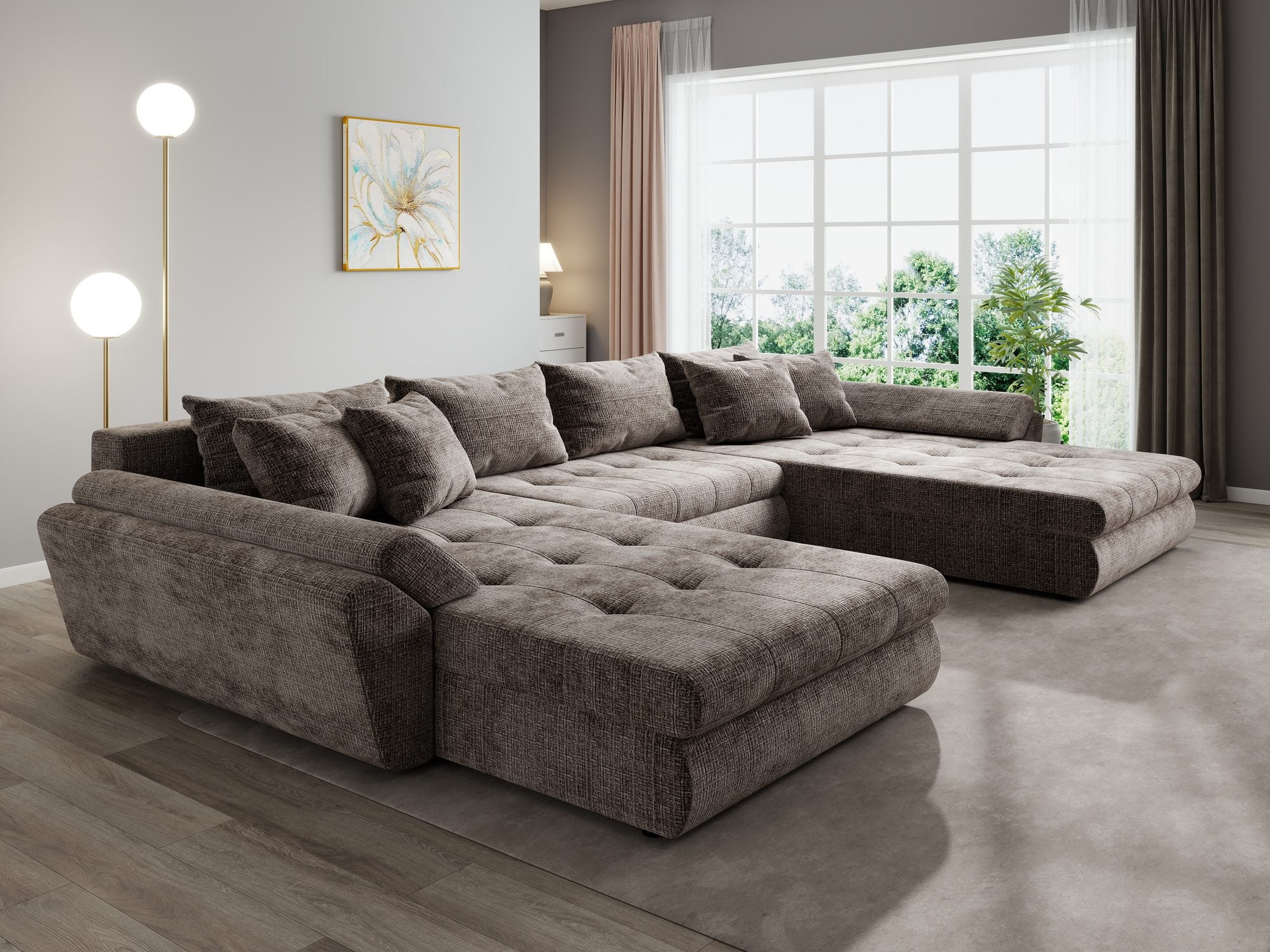 Colțar extensibil dumonde cu ladă de depozitare si sezut confortabil din spuma high-density, Loana U Cremona Maro-bej 24 355x185 cm