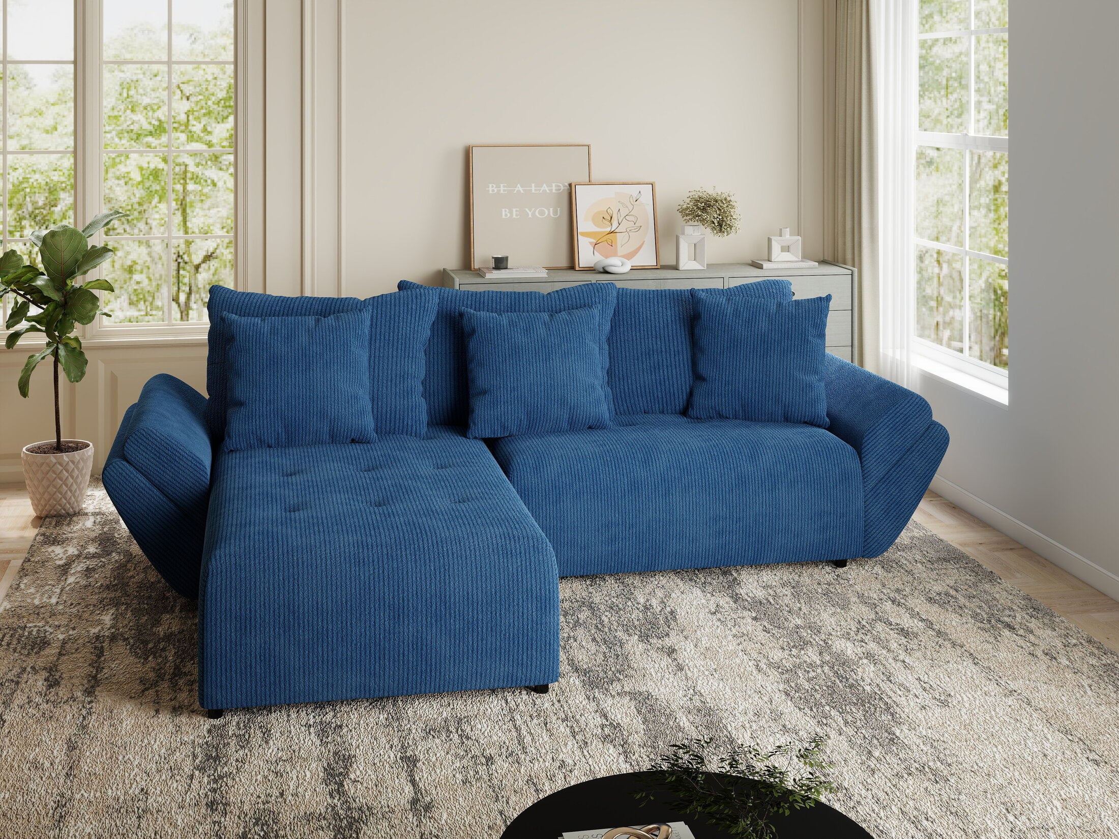 Colțar extensibil dumonde cu ladă de depozitare si sezut confortabil din spuma HR, Berlin Zoom Albastru 280x185 cm