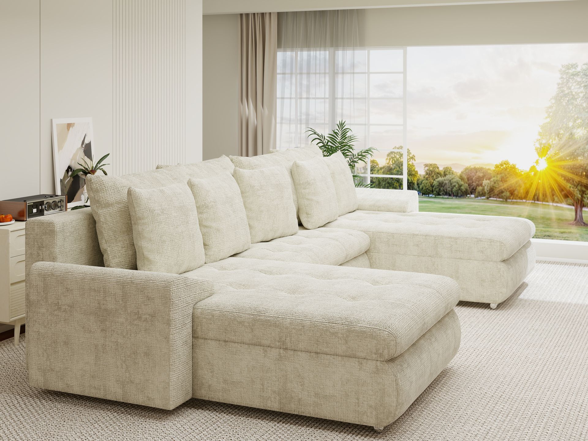 Colțar extensibil dumonde cu ladă de depozitare si sezut confortabil din spuma high-density, Leonardo U Cremona Bej 01 360x185 cm