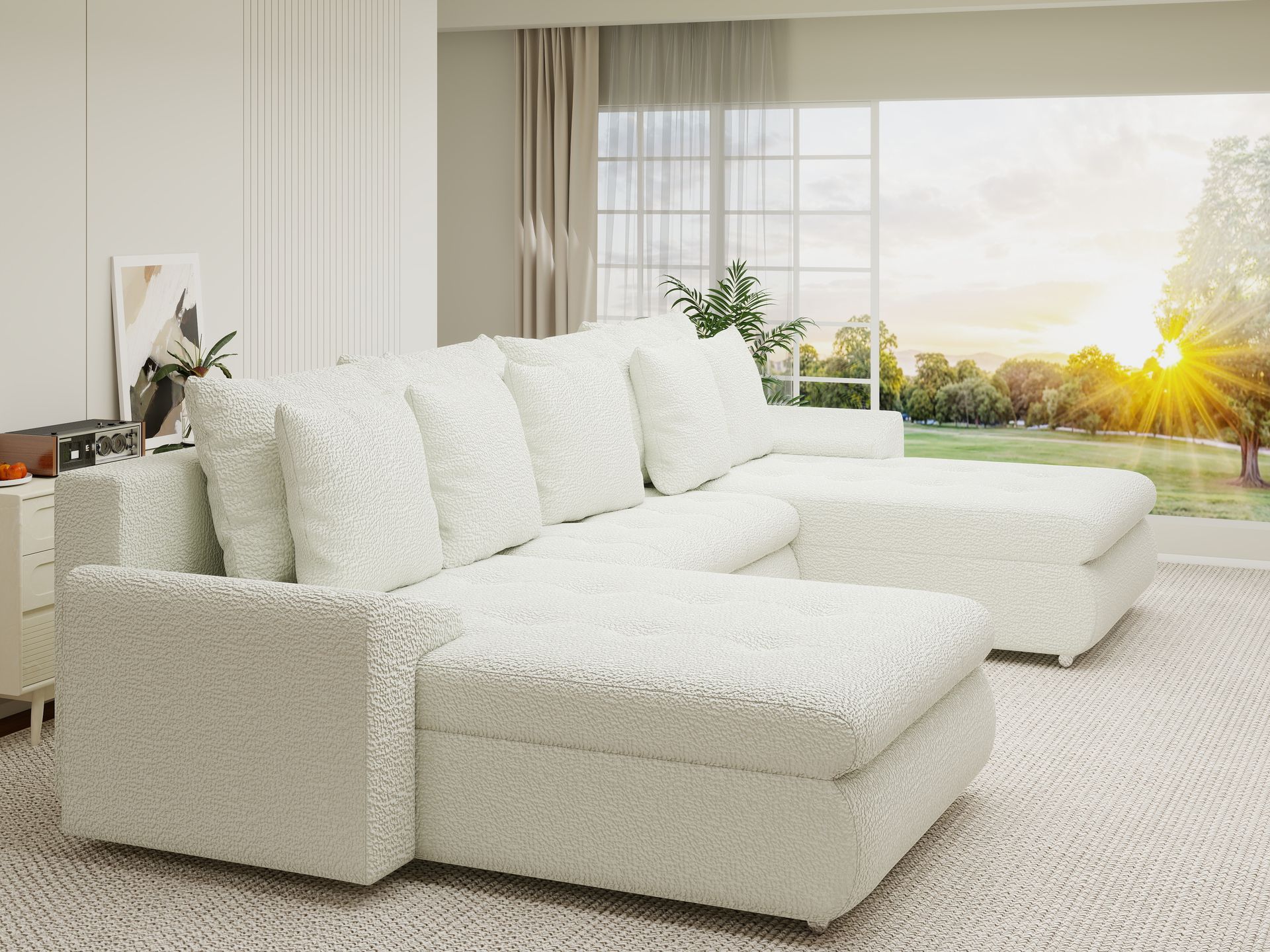 Colțar extensibil dumonde cu ladă de depozitare si sezut confortabil din spuma high-density, Leonardo U Jaguar Ivory 01 360x185 cm