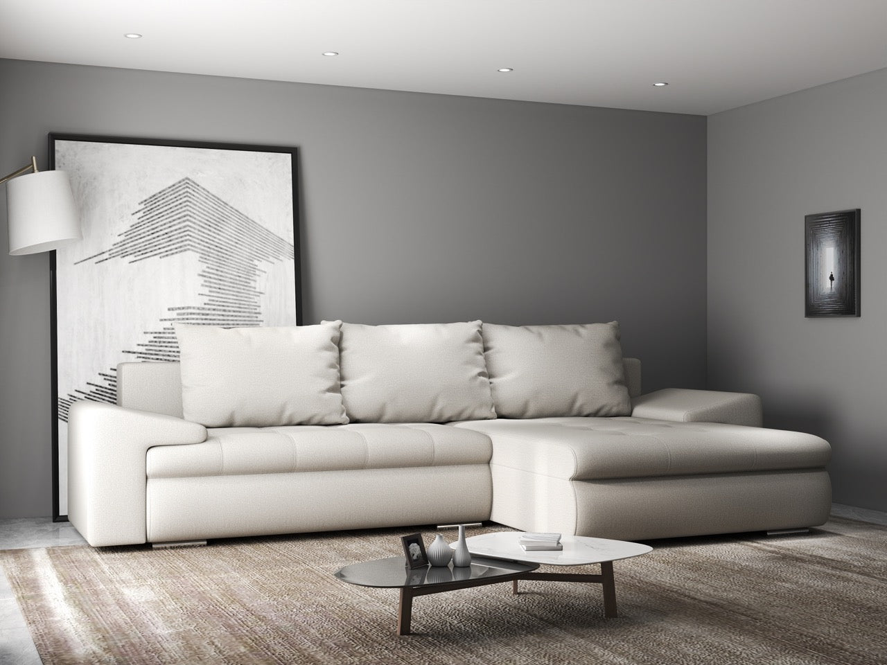 Colțar extensibil dumonde cu ladă de depozitare si sezut confortabil din spuma HR, Leonardo Enjoy Bej 260x185 cm II Fabrica