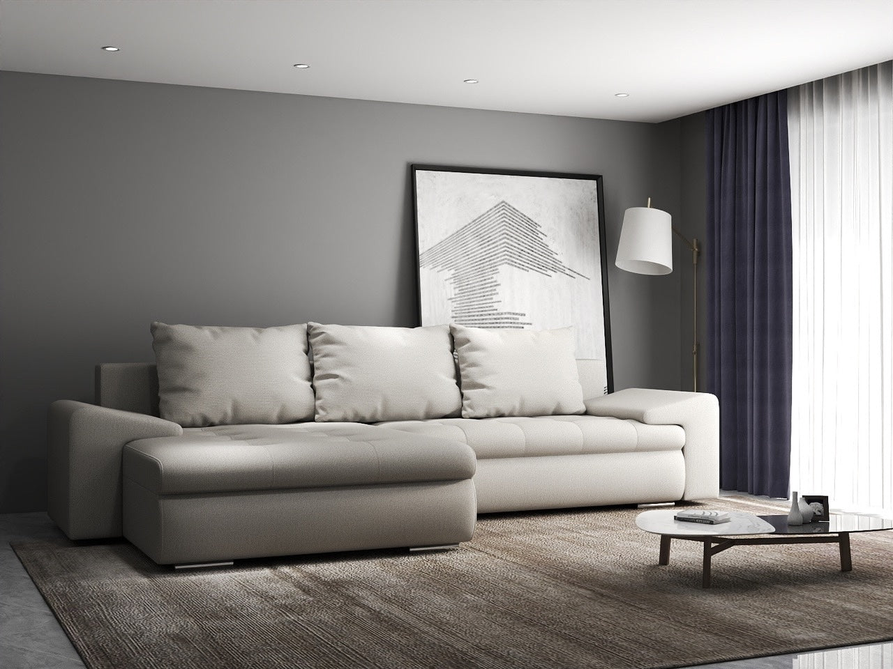 Colțar extensibil dumonde cu ladă de depozitare si sezut confortabil din spuma HR, Leonardo Enjoy Bej 260x185 cm Fabrica