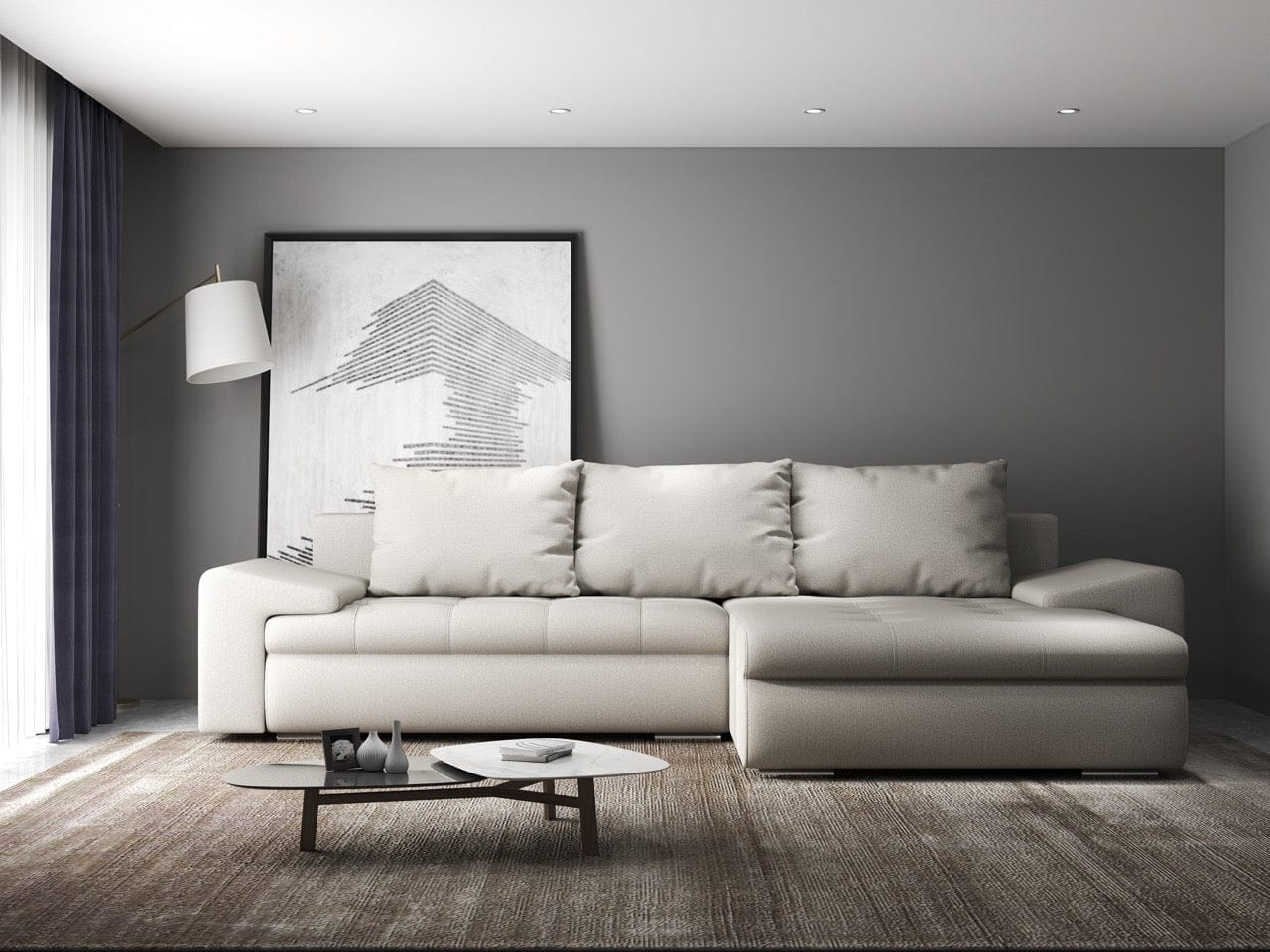 Colțar extensibil dumonde cu ladă de depozitare si sezut confortabil din spuma HR, Leonardo Enjoy Bej 260x185 cm II Fabrica