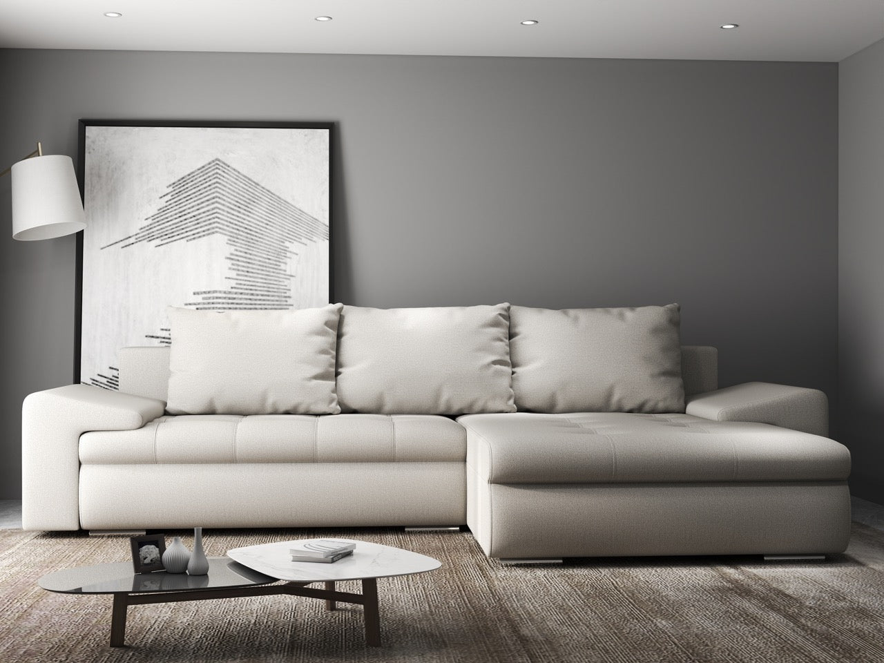 Colțar extensibil dumonde cu ladă de depozitare si sezut confortabil din spuma HR, Leonardo Enjoy Bej 260x185 cm II Fabrica