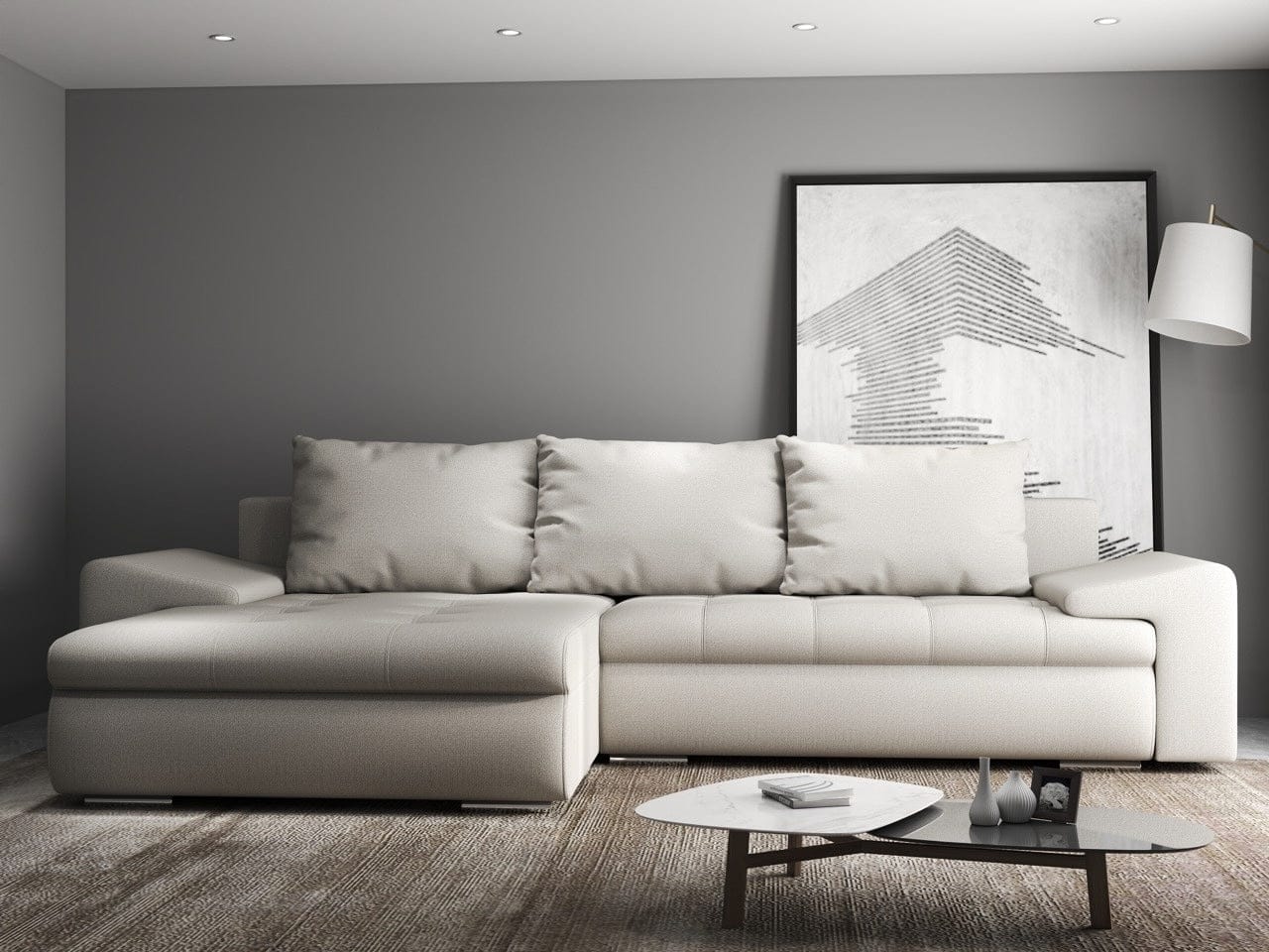 Colțar extensibil dumonde cu ladă de depozitare si sezut confortabil din spuma HR, Leonardo Enjoy Bej 260x185 cm Fabrica