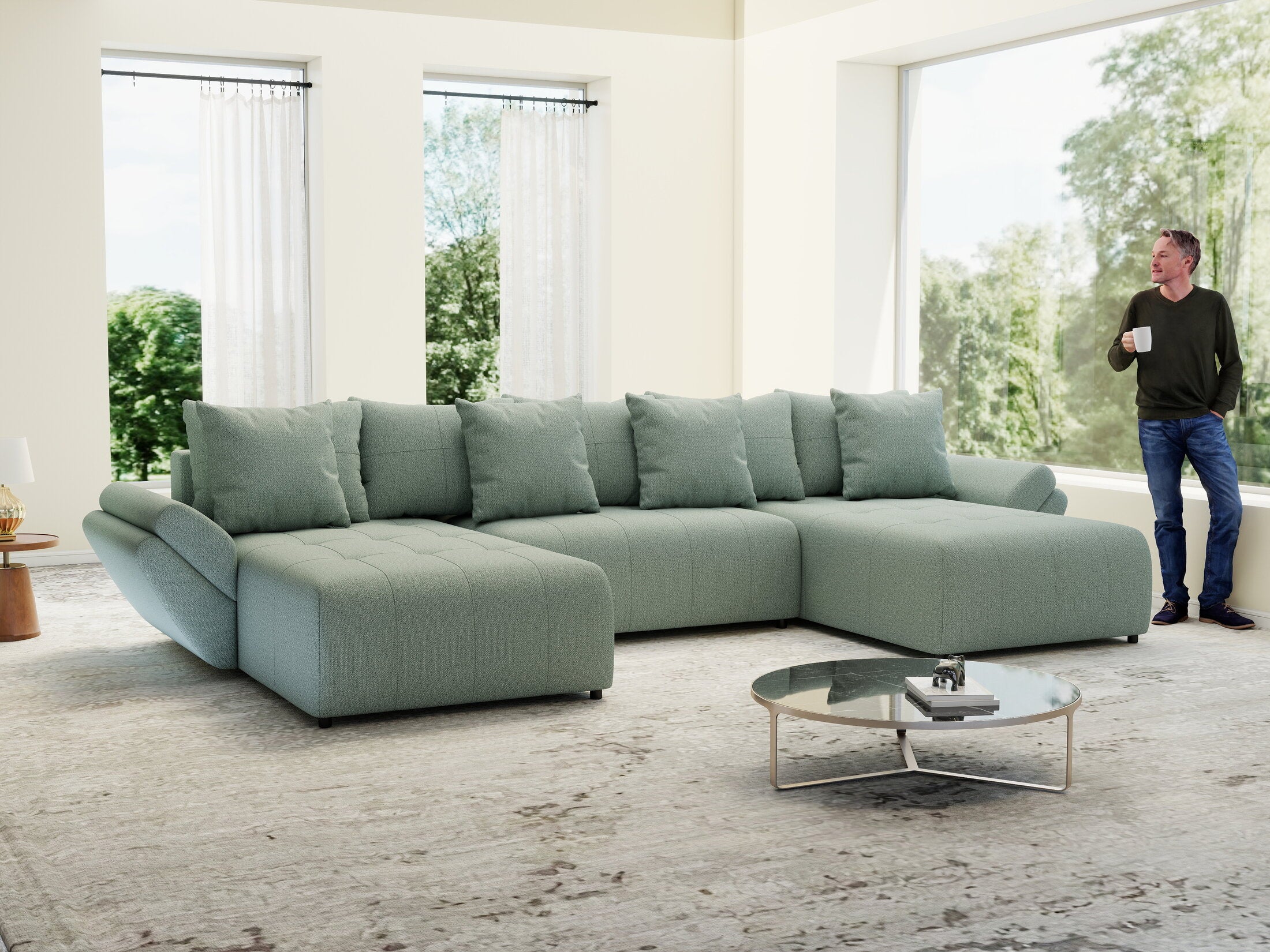 Colțar extensibil dumonde cu ladă de depozitare si sezut confortabil din spuma HR, Berlin U Enjoy Mint 380x180 cm