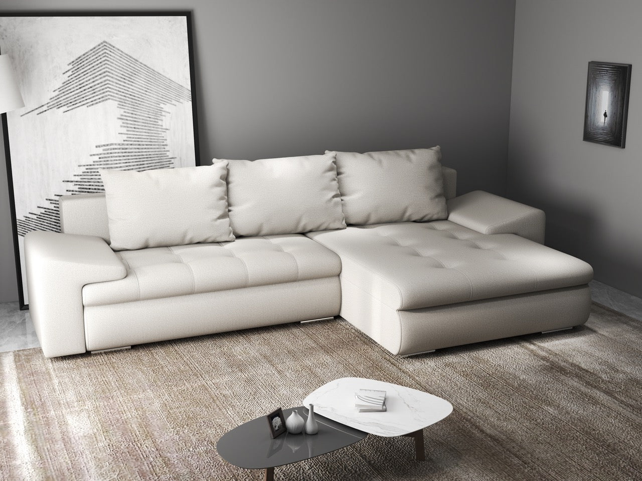 Colțar extensibil dumonde cu ladă de depozitare si sezut confortabil din spuma HR, Leonardo Enjoy Bej 260x185 cm II Fabrica