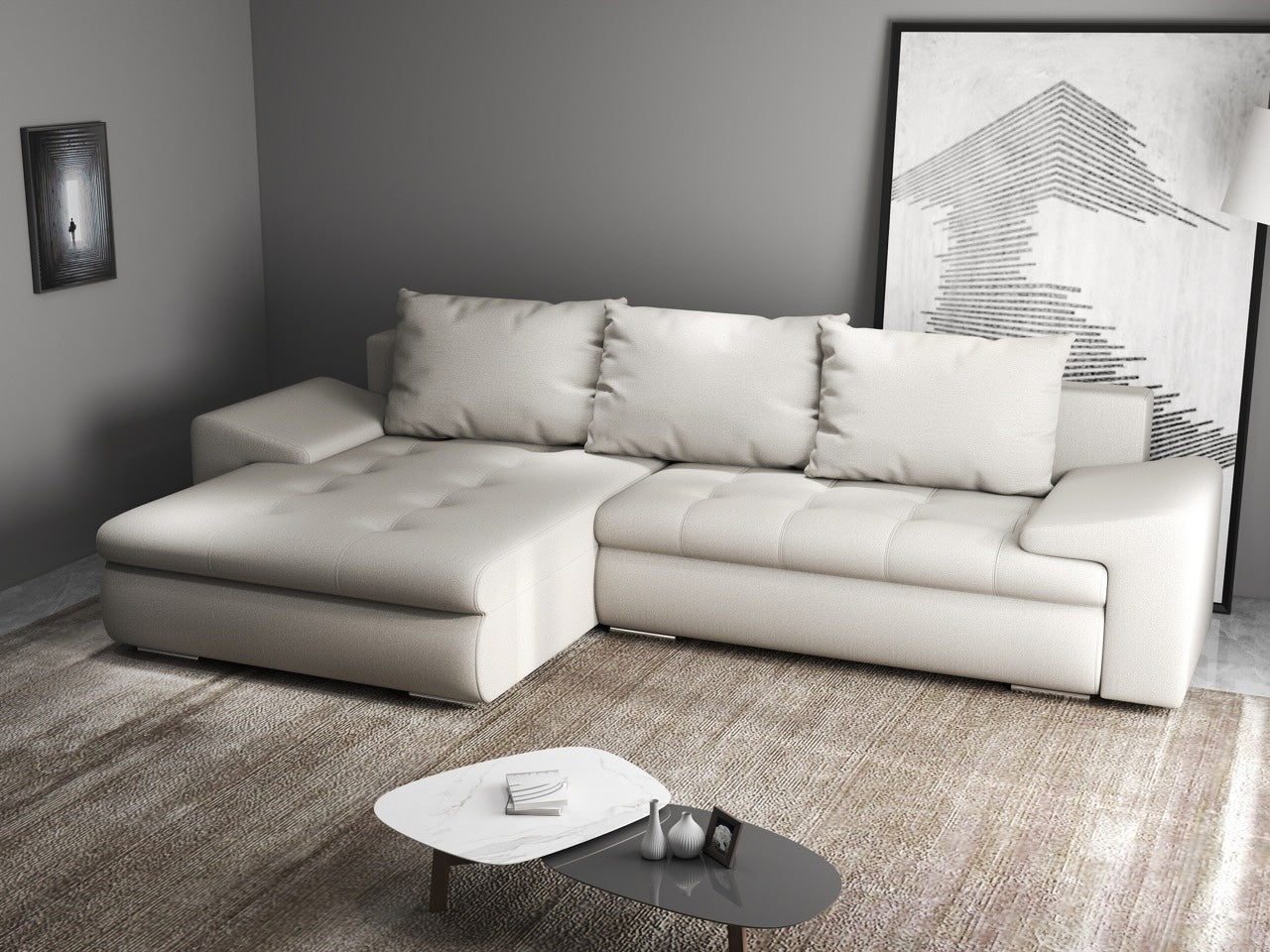 Colțar extensibil dumonde cu ladă de depozitare si sezut confortabil din spuma HR, Leonardo Enjoy Bej 260x185 cm Fabrica