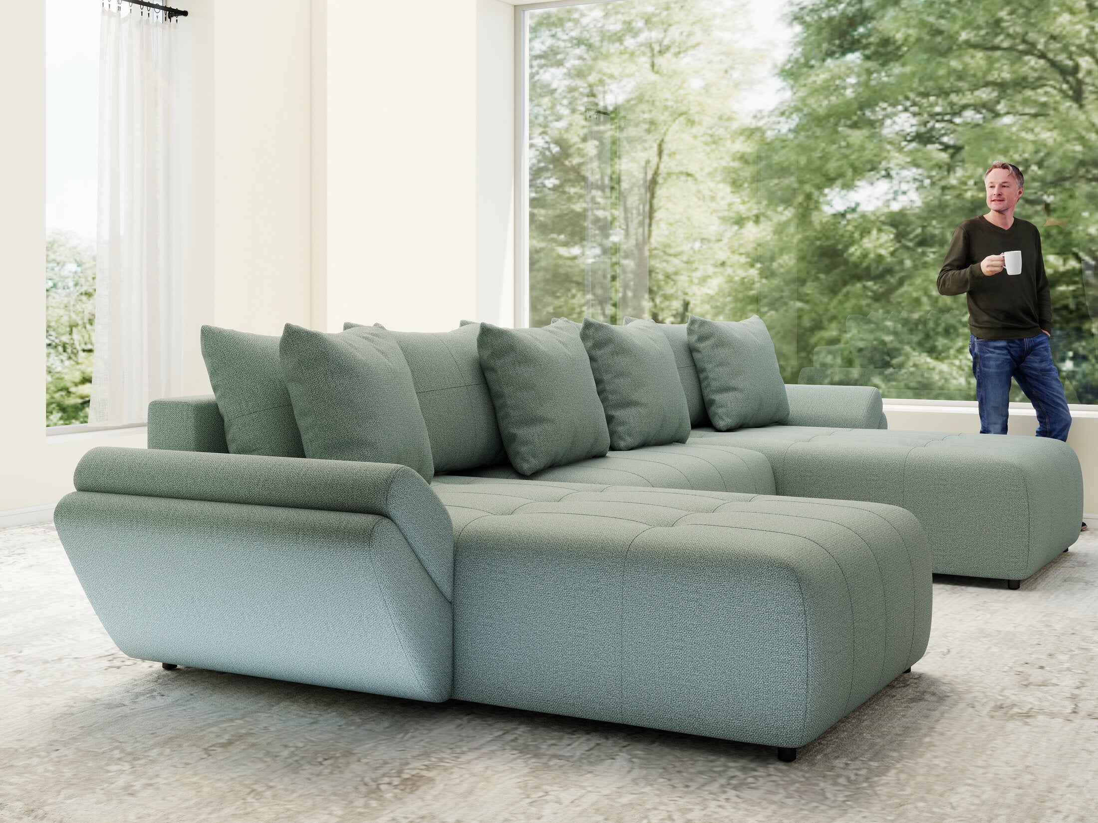 Colțar extensibil dumonde cu ladă de depozitare si sezut confortabil din spuma HR, Berlin U Enjoy Mint 380x180 cm