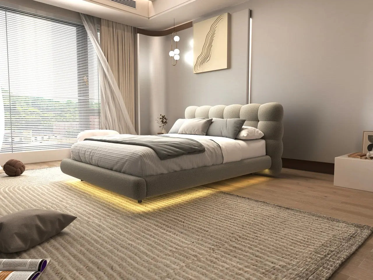 Pat dormitor dumonde, tapitat bej cu LED, "floating bed" Cloud 160x200 cm, somiera inclusa WLS