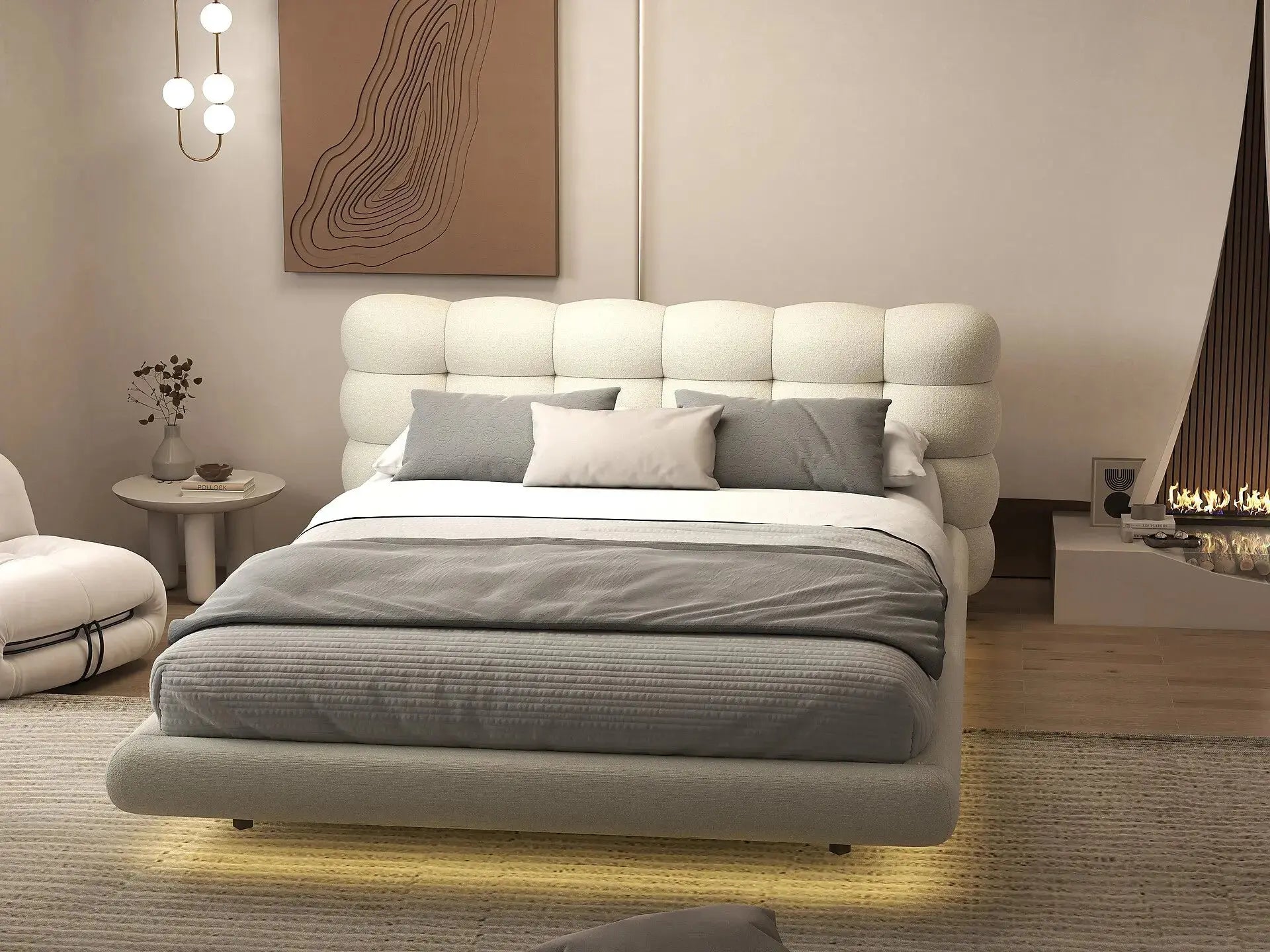 Pat dormitor dumonde, tapitat gri cu LED, "floating bed" Cloud 180x200 cm, somiera inclusa WLS