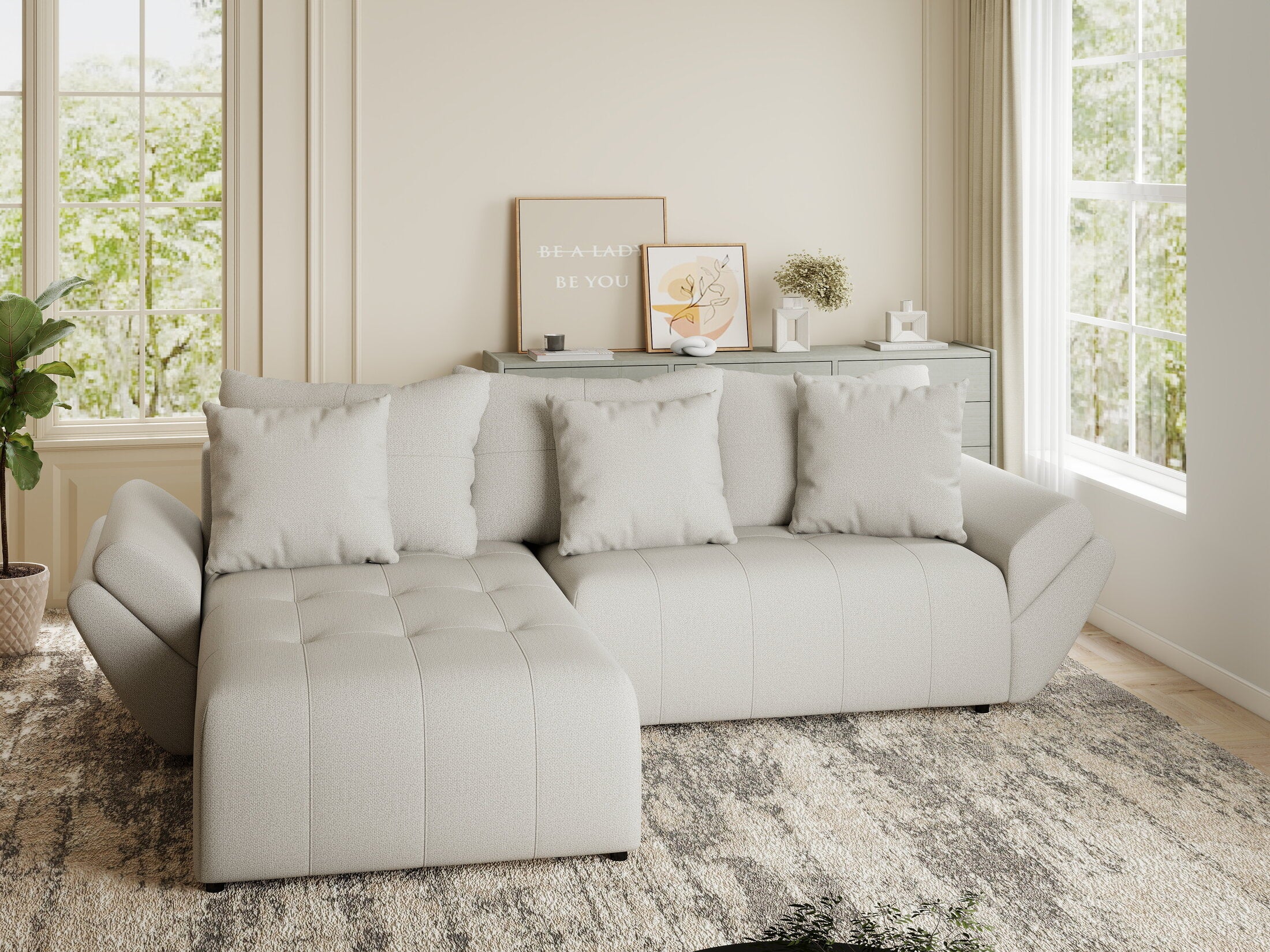 Colțar extensibil dumonde cu ladă de depozitare si sezut confortabil din spuma HR, Berlin Enjoy Bej 280x185 cm