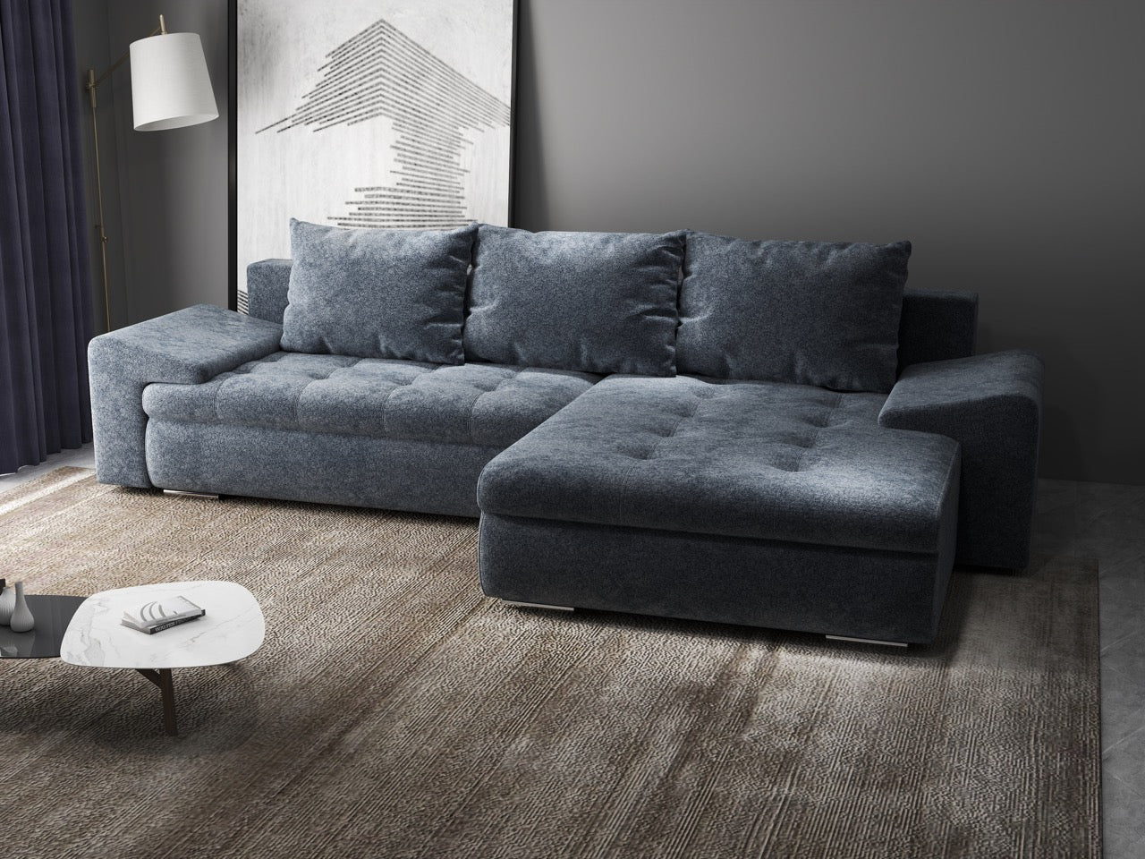 Colțar extensibil dumonde cu ladă de depozitare si sezut confortabil din spuma HR, Leonardo Euphoria Grafit 260x185 cm II Fabrica